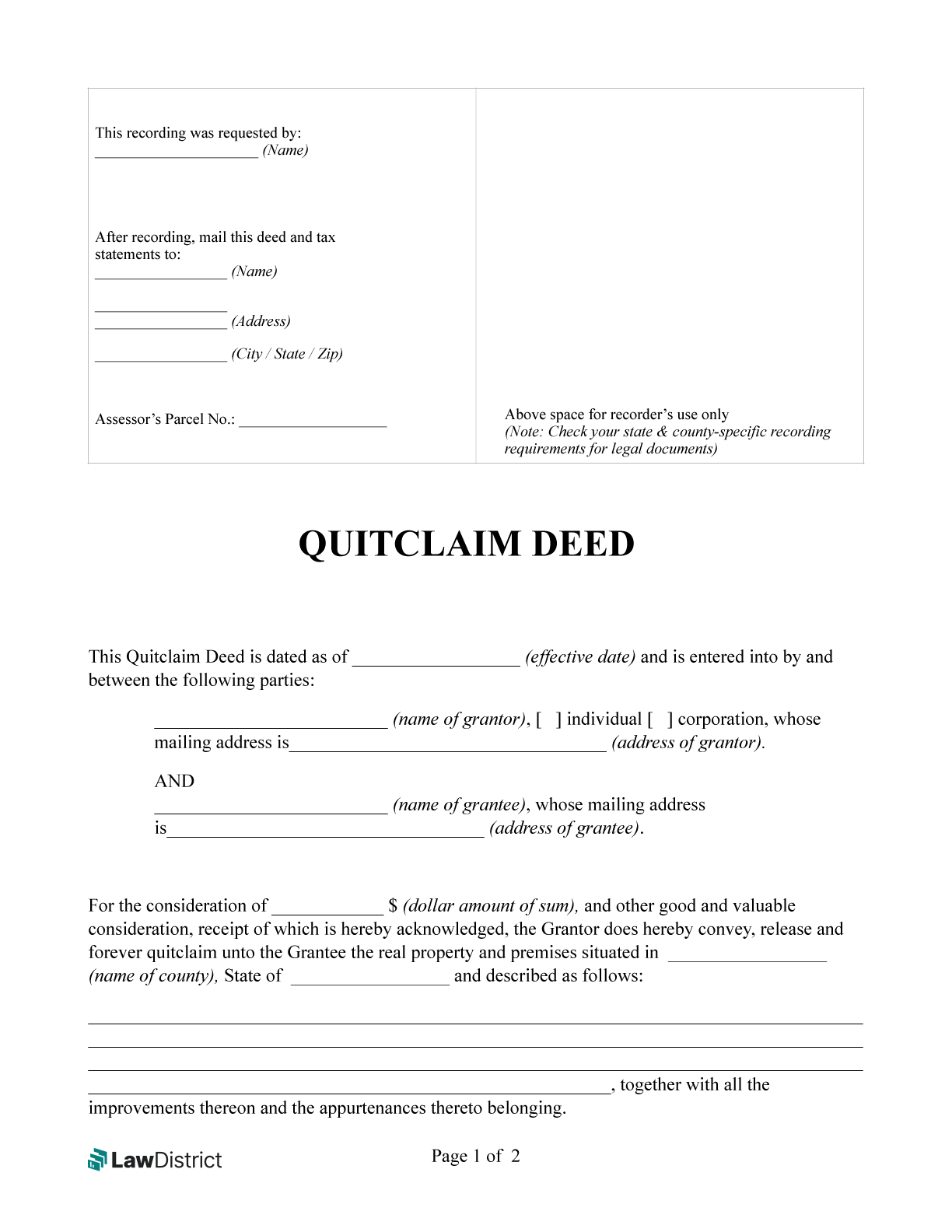 Quitclaim Deed For All US States PDF Sample LawDistrict