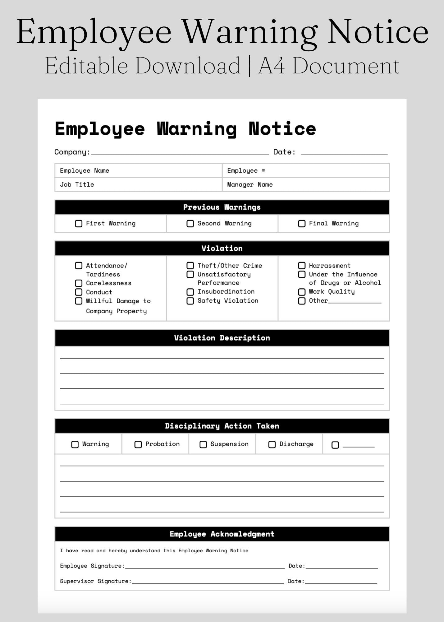 Ready To Print Employee Warning Notice Write Up Form Performance Warning Business Documents Editable Printable Download Etsy
