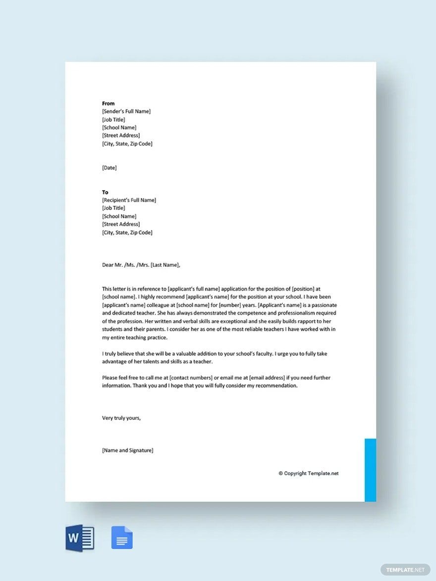 Recommendation Letter For Colleague Teacher Template In Word Google Docs PDF Download Template