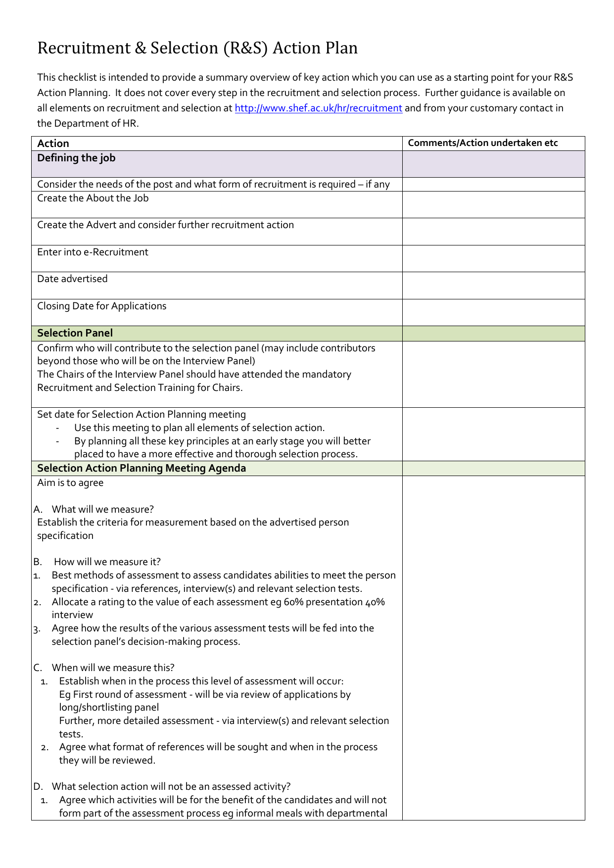 Recruitment Selection Action Plan Checklist