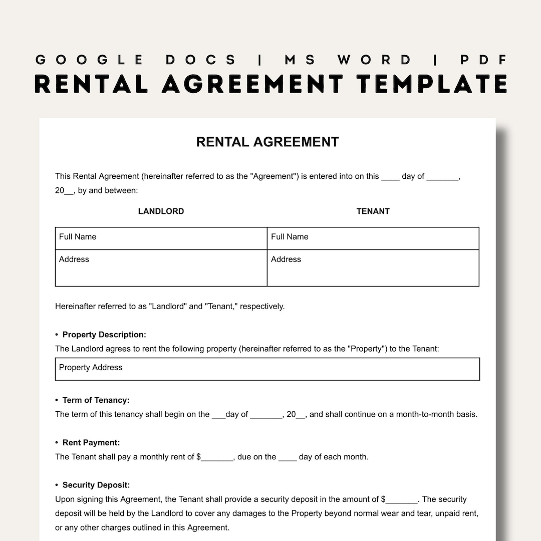Rental Agreement Templates Simple Editable Rental Agreements Form Printable Lease Fillable Rent Contract Google Docs Word PDF Etsy