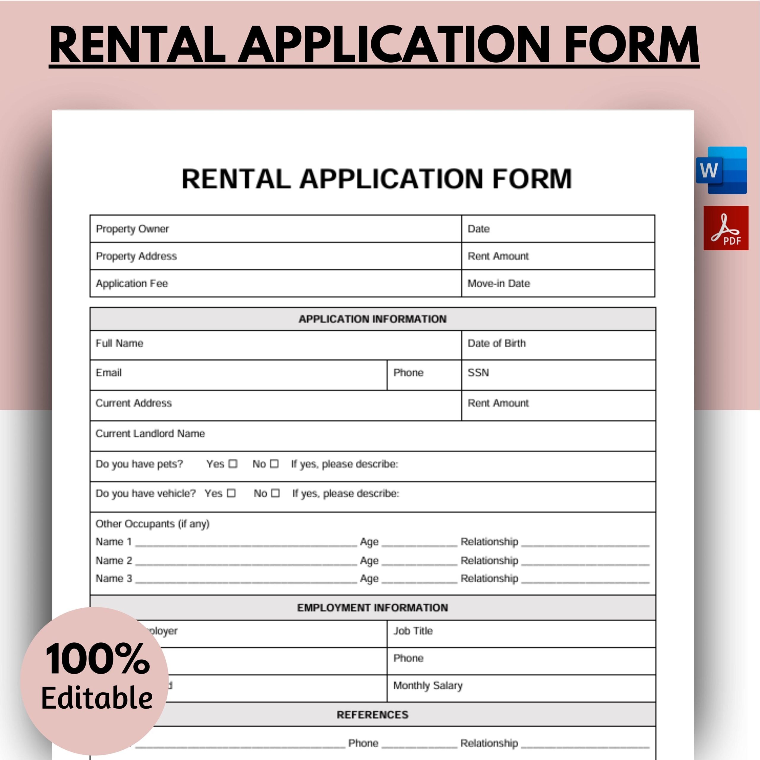 Rental Application Form Landlord Rental Application Tenant Rental Application Lease Application Printable Rental Application MS Word Etsy