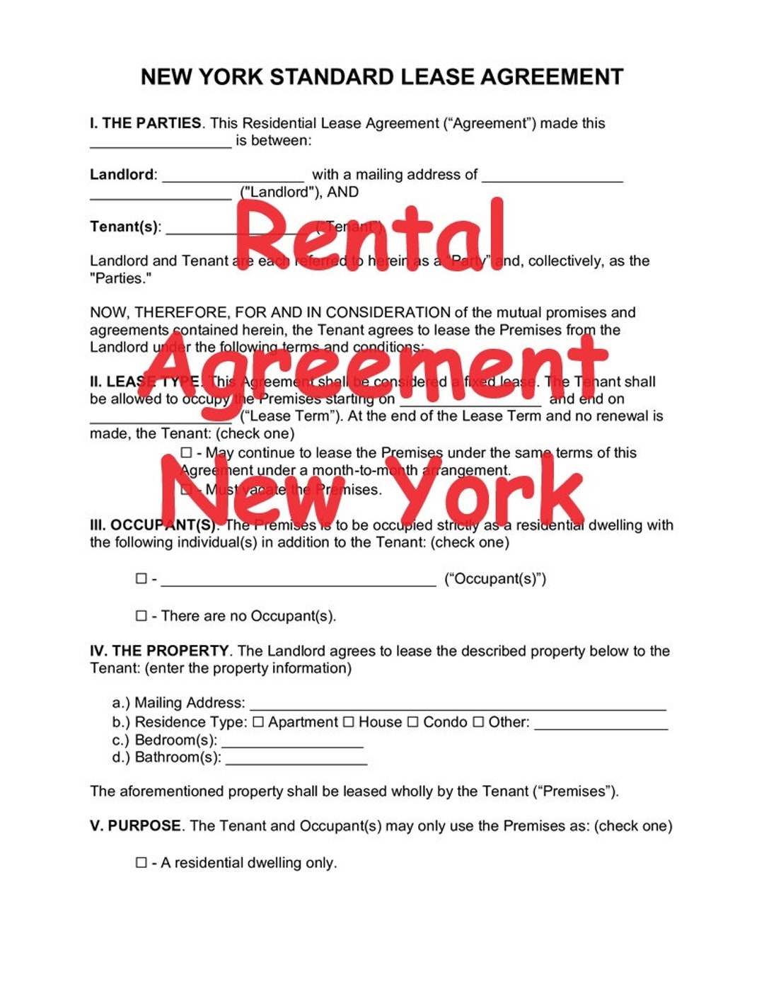 Rental Lease Agreement New York Standard Form PDF 324 47 Kb 12 Pages Etsy