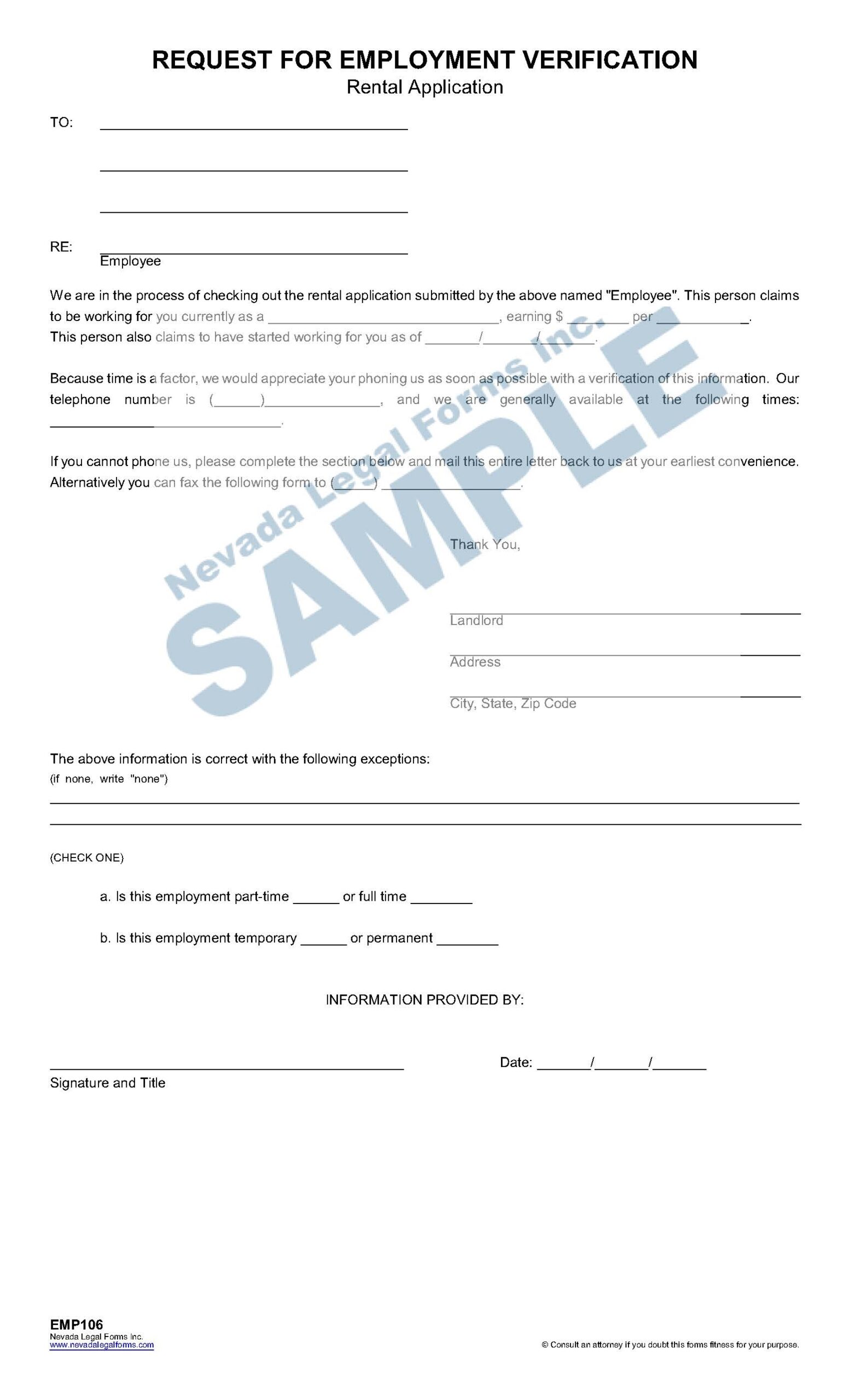 REQUEST FOR EMPLOYMENT VERIFICATION rental Application Nevada Legal Forms Services