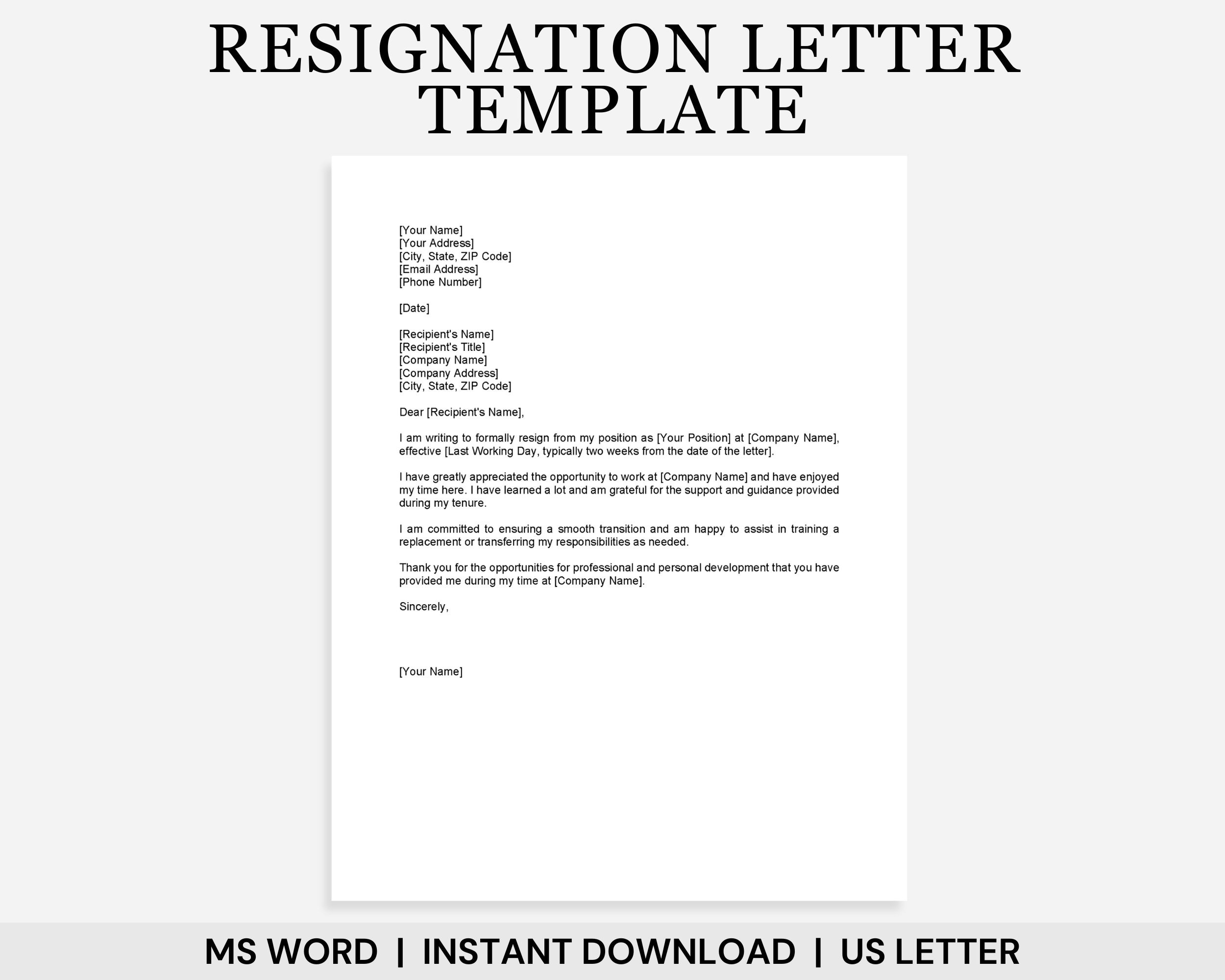 Resignation Letter Template Letter Of Resignation Template Job Resignation Letter Resign Letter Termination Letter Notice Period Letter Etsy