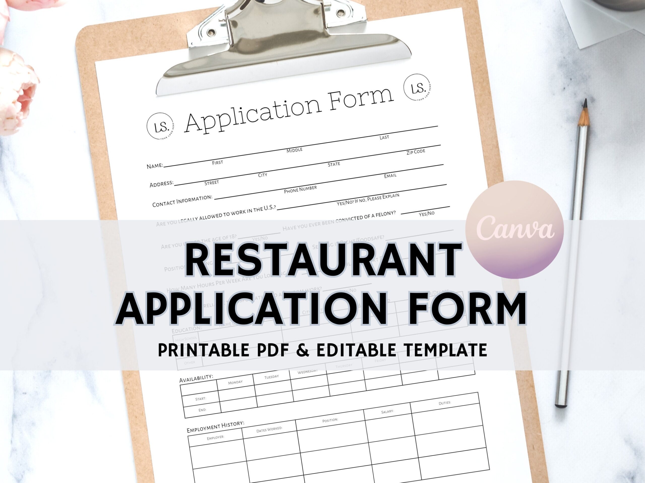 Restaurant Application Form Editable Application Template Application Form Instant Download Edit Free With Canva Printable PDF Etsy