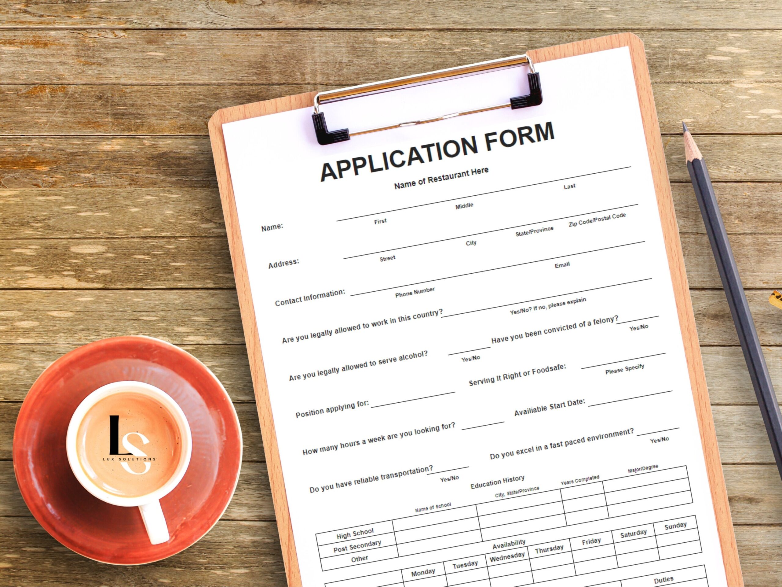 Restaurant Application Form Editable Application Template Microsoft Excel Template Google Sheets Template Employee Hiring Form New Hire Etsy