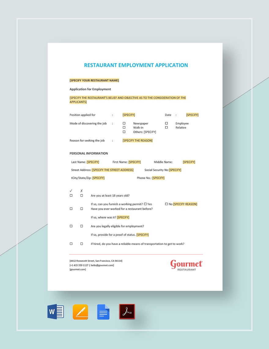 Restaurant Employment Application Template In Google Docs Word PDF Pages Download Template Restaurant Employment Application Template In Google Docs Word PDF Pages Download Template