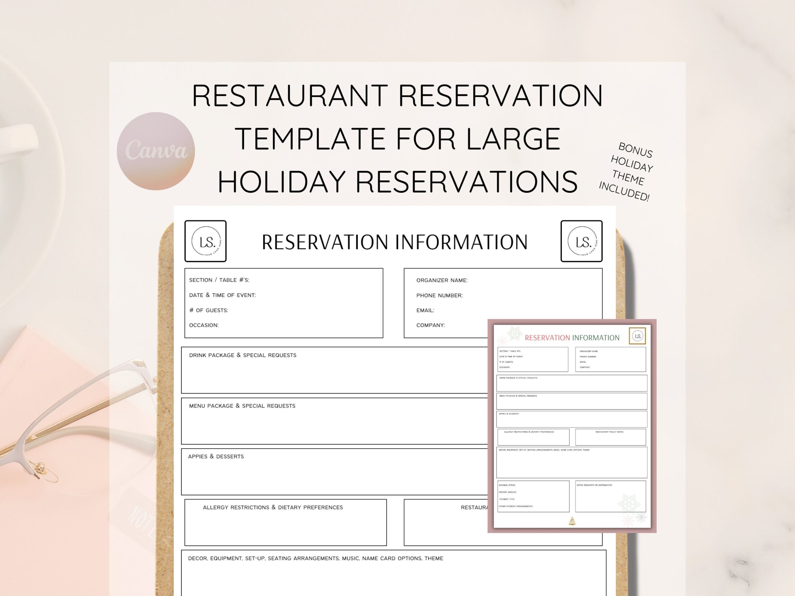 Restaurant Reservation Sheet For Large Groups And Special Holiday Menu s Editable Reservation Template Instant Download Canva Template Etsy