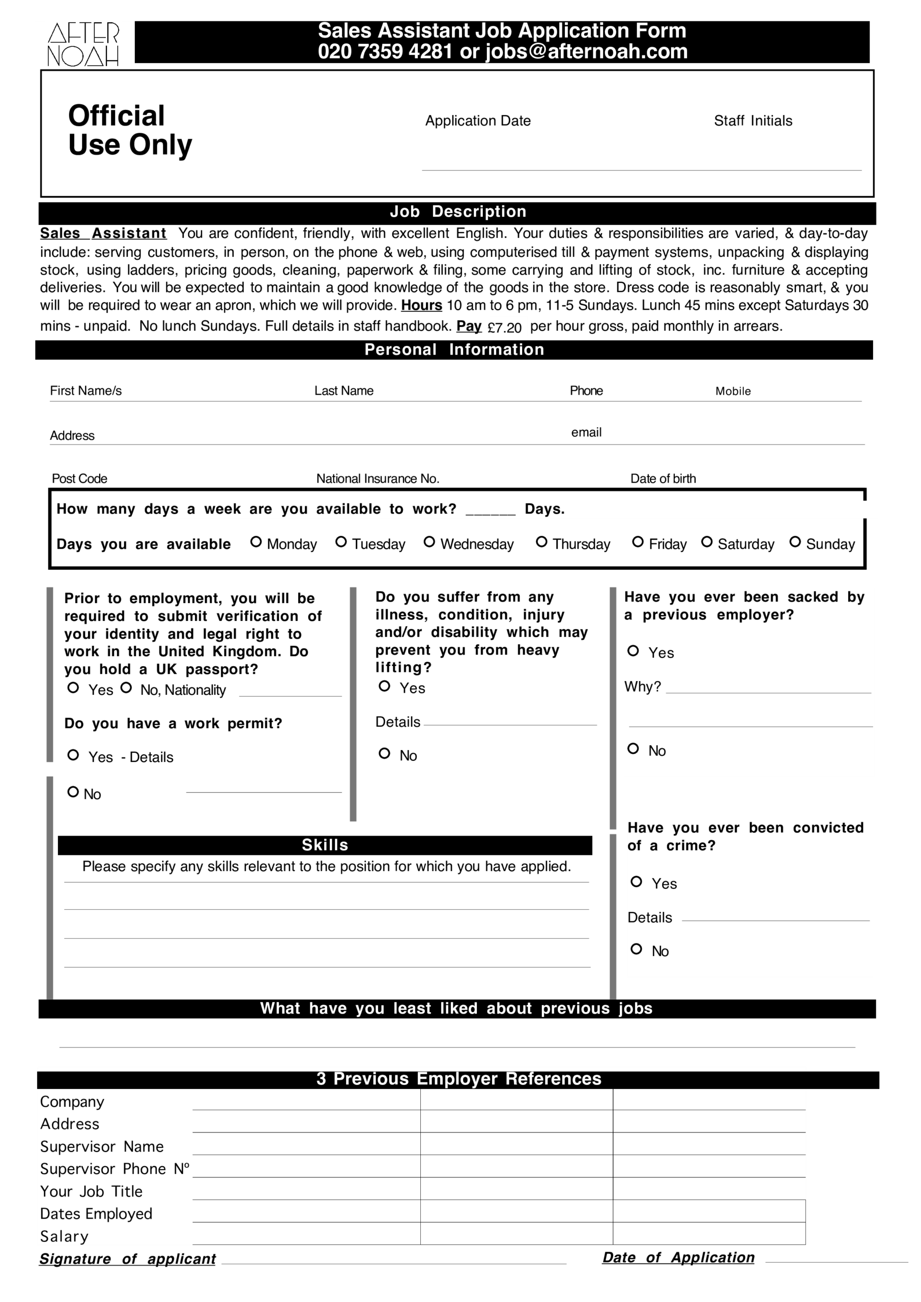 Retail Assistant Job Application Form Templates At Worksheets Library