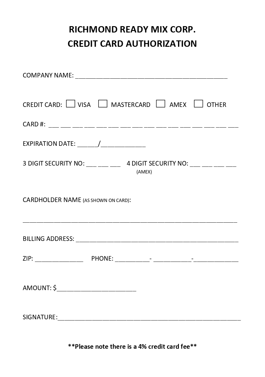 Richmond Ready Mix Credit Card Authorization Form
