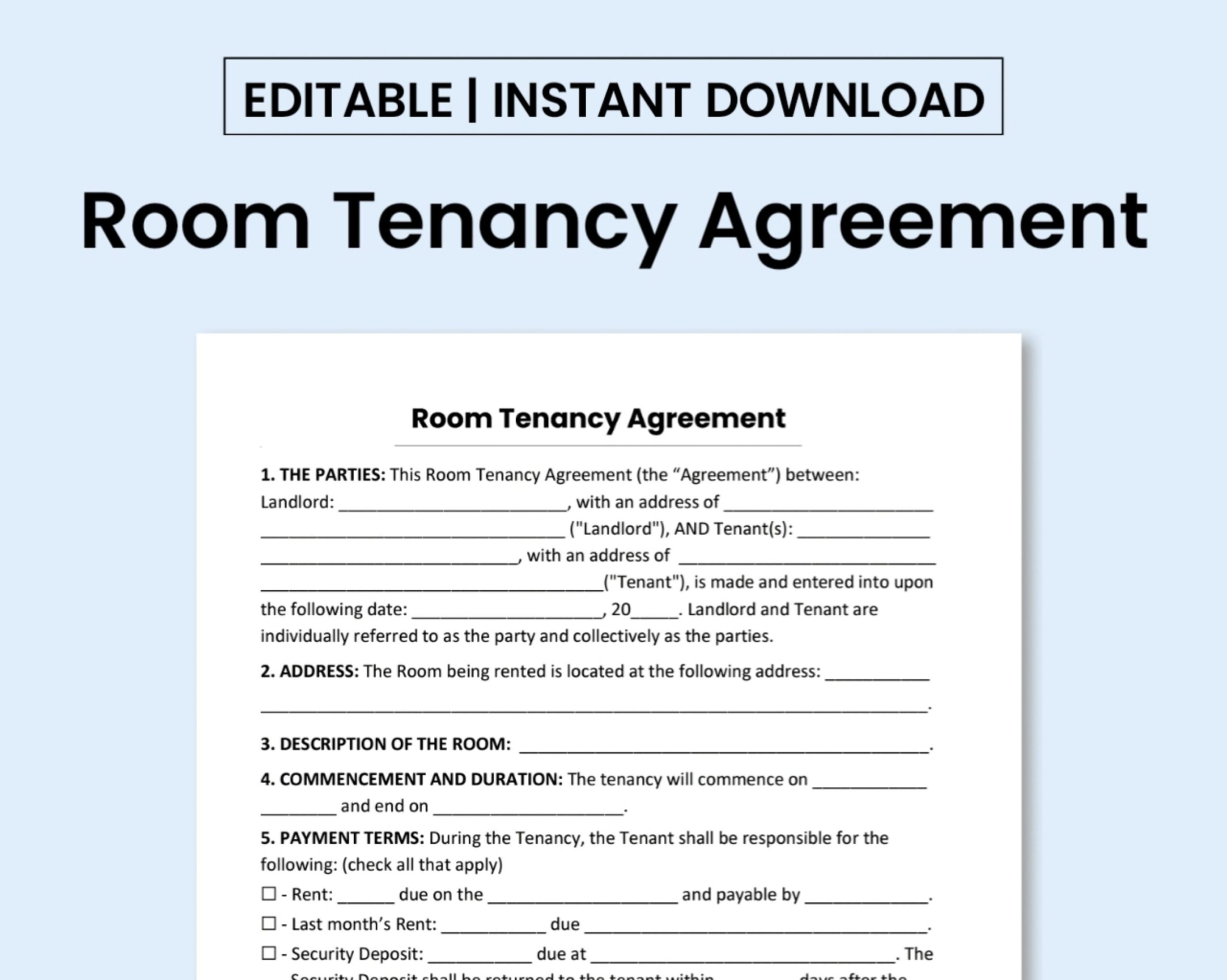 Room Tenancy Agreement Template PDF Form Word Document Printable And Editable Etsy