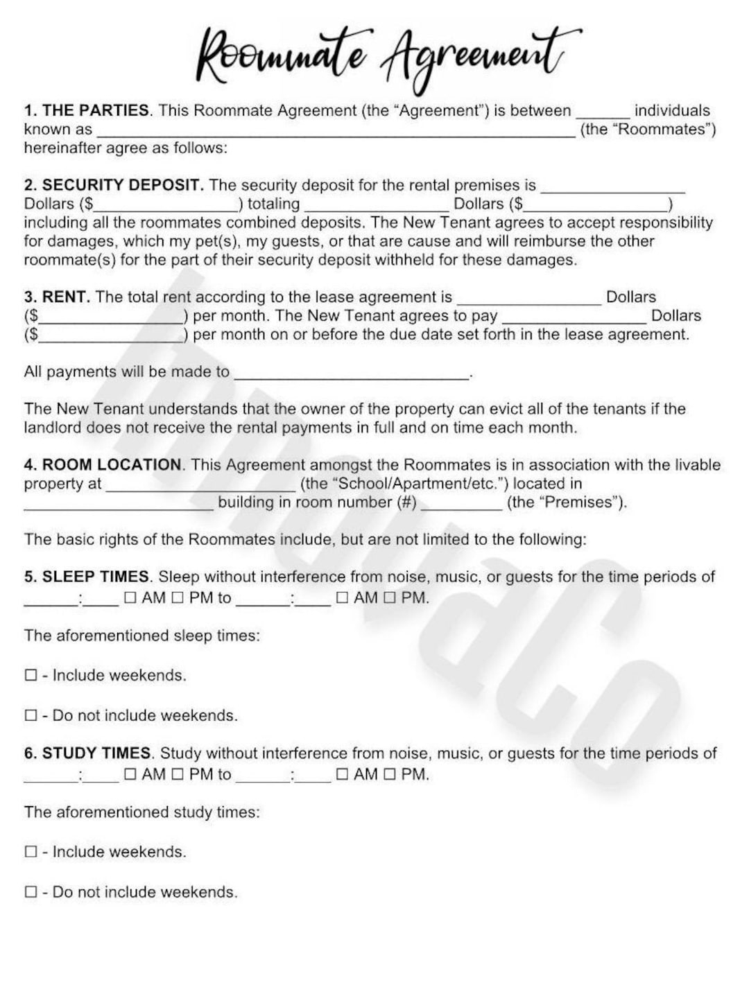 Roommate Agreement Template Roommate Contract Template Roommate Contract Housemate Agreement College Roommate Agreement Roommate Rules Etsy