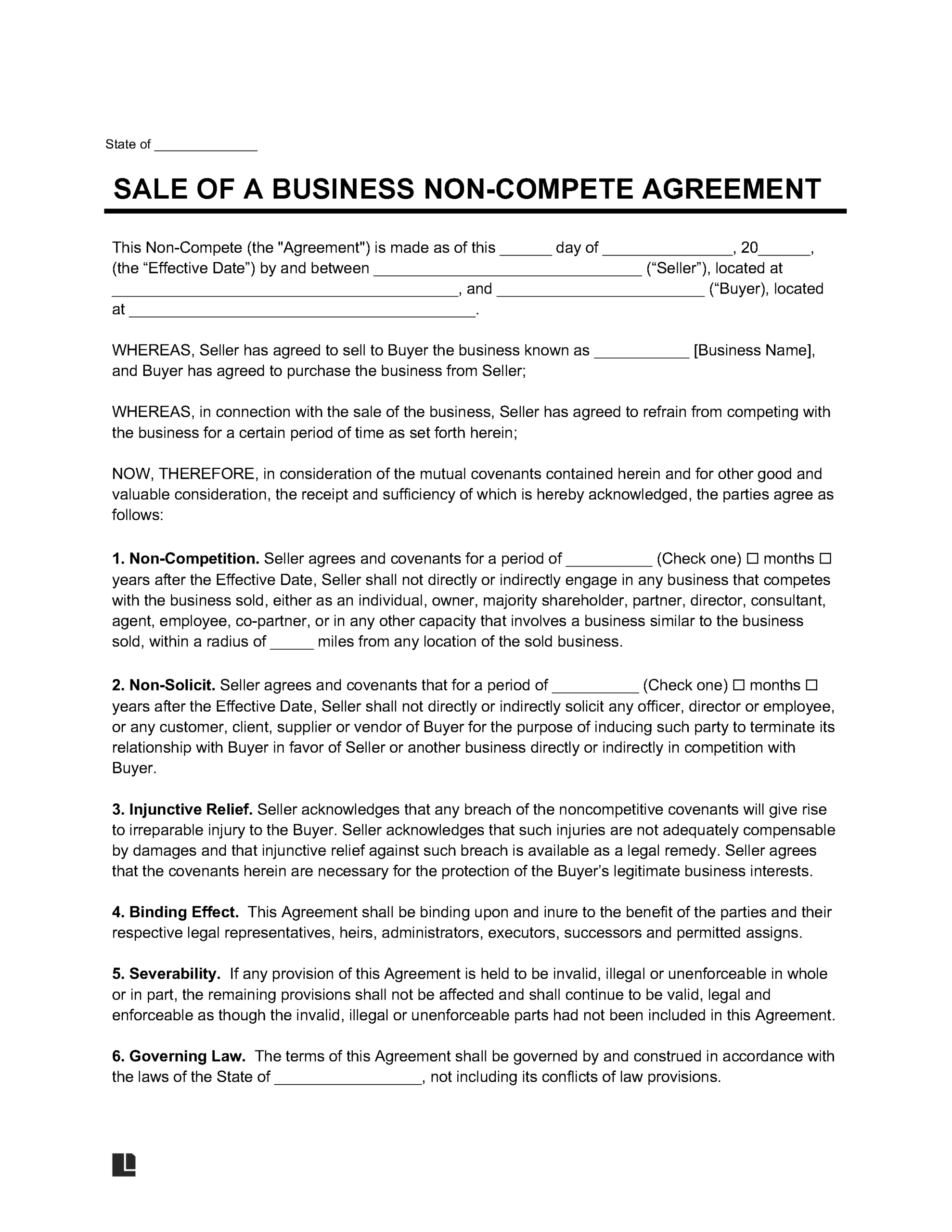 Sale Of A Business Non Compete Agreement Template PDF Word