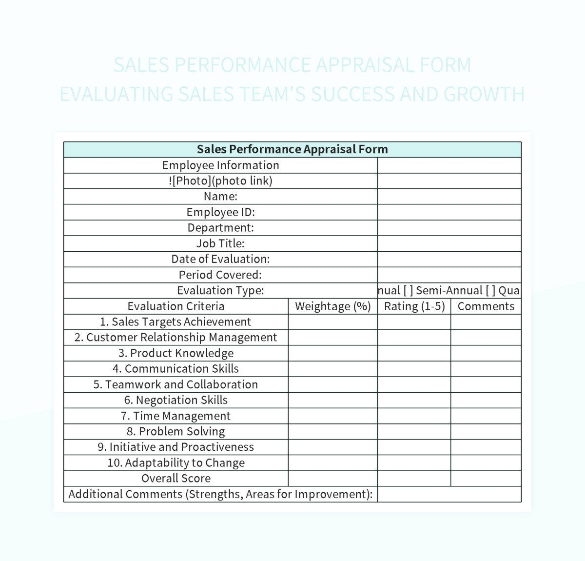 Sales Performance Appraisal Form Evaluating Sales Team s Success And Growth Excel Template And Google Sheets File For Free Download Slidesdocs Sales Performance Appraisal Form Evaluating Sales Team s Success And Growth Excel Template And Google Sheets File For Free Download Slidesdocs