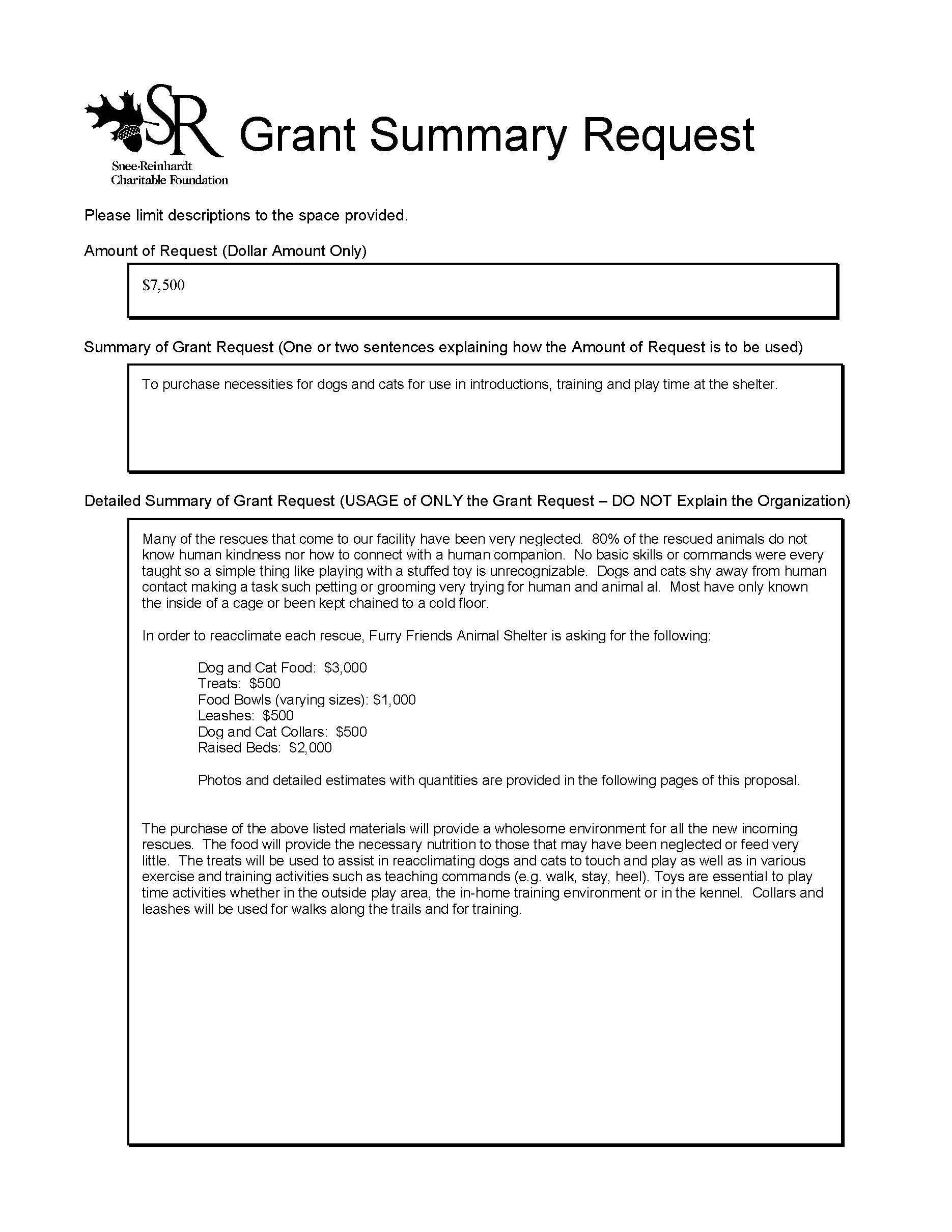 Sample Grant Application Snee Reinhardt Charitable Foundation Sample Grant Application Snee Reinhardt Charitable Foundation