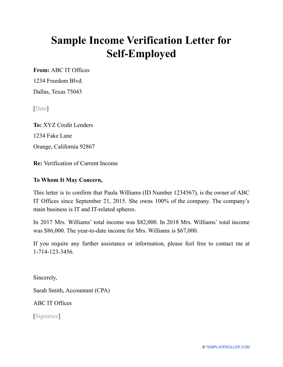 Sample Income Verification Letter For Self employed Fill Out Sign Online And Download PDF Templateroller