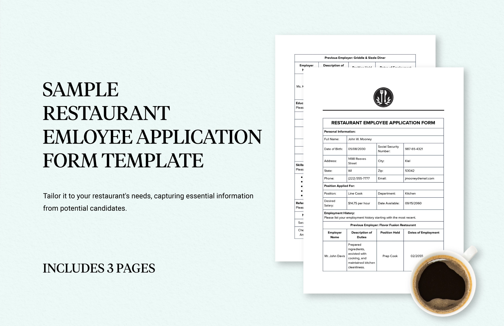 Sample Restaurant Employee Application Form Template In Word PDF Google Docs Download Template