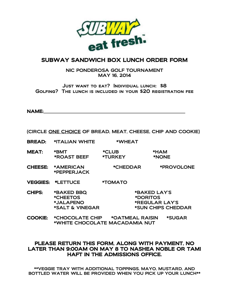 Sandwich Order Nic Fill Online Printable Fillable Blank PdfFiller