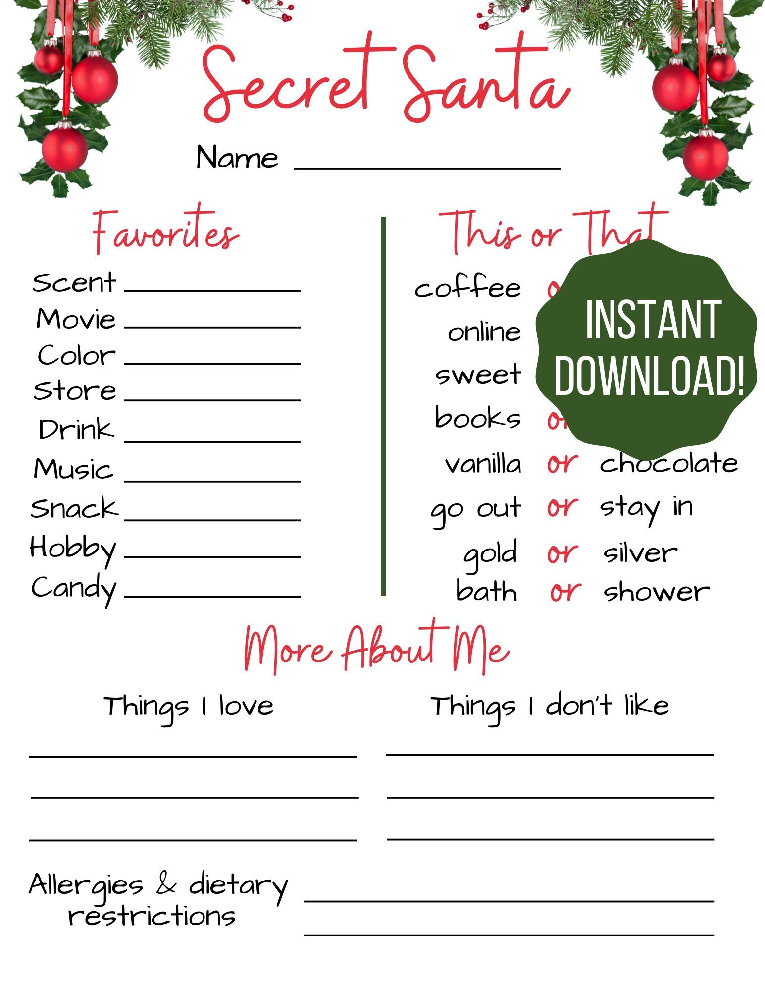 Secret Santa Questionnaire Secret Santa Form Christmas Printable Etsy Secret Santa Questionnaire Secret Santa Form Christmas Printable Etsy