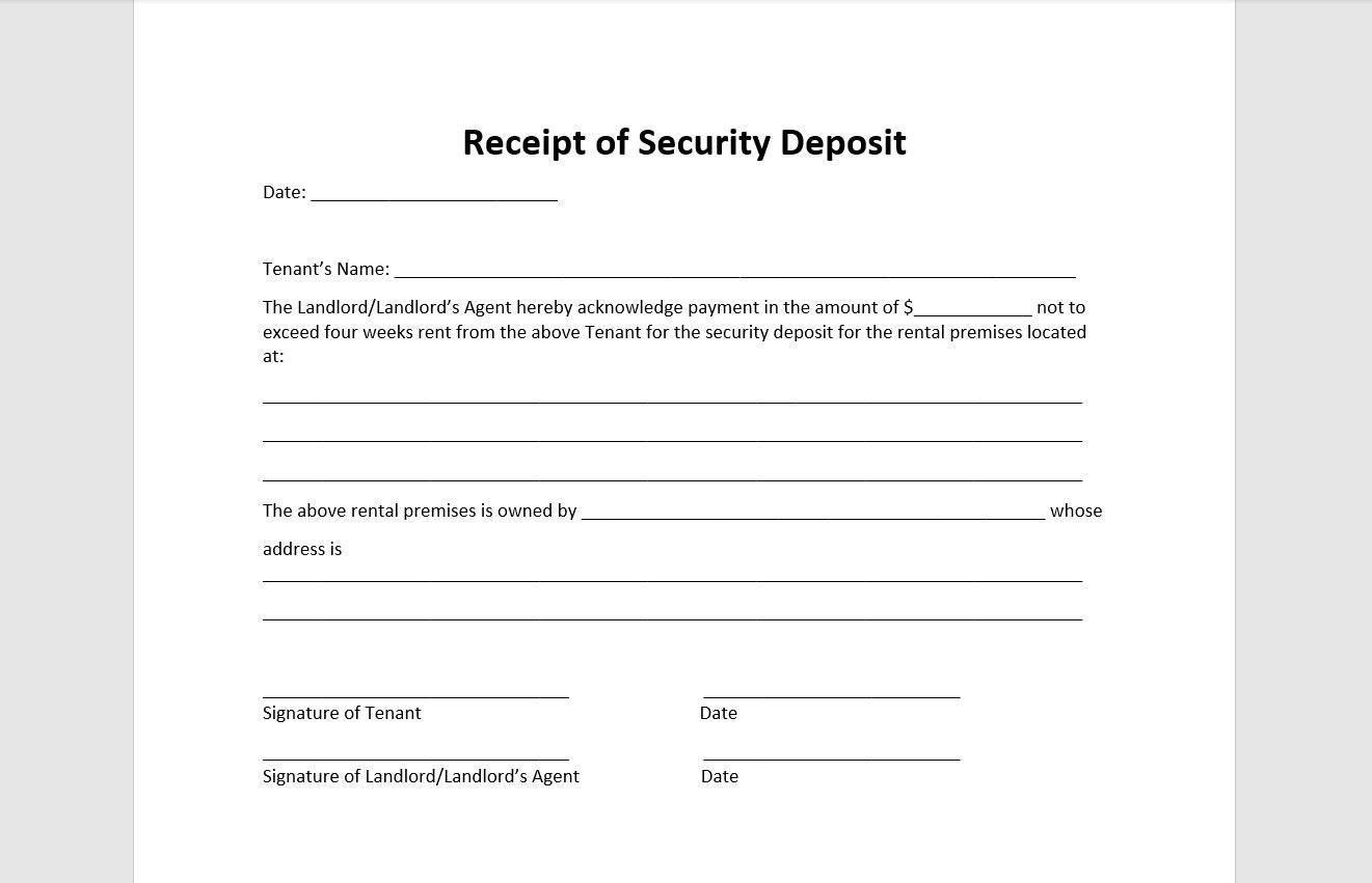 Security Deposit Receipt Form Template Security Deposit Receipt Form Security Deposit Receipt Template Simple Template Word Template Etsy