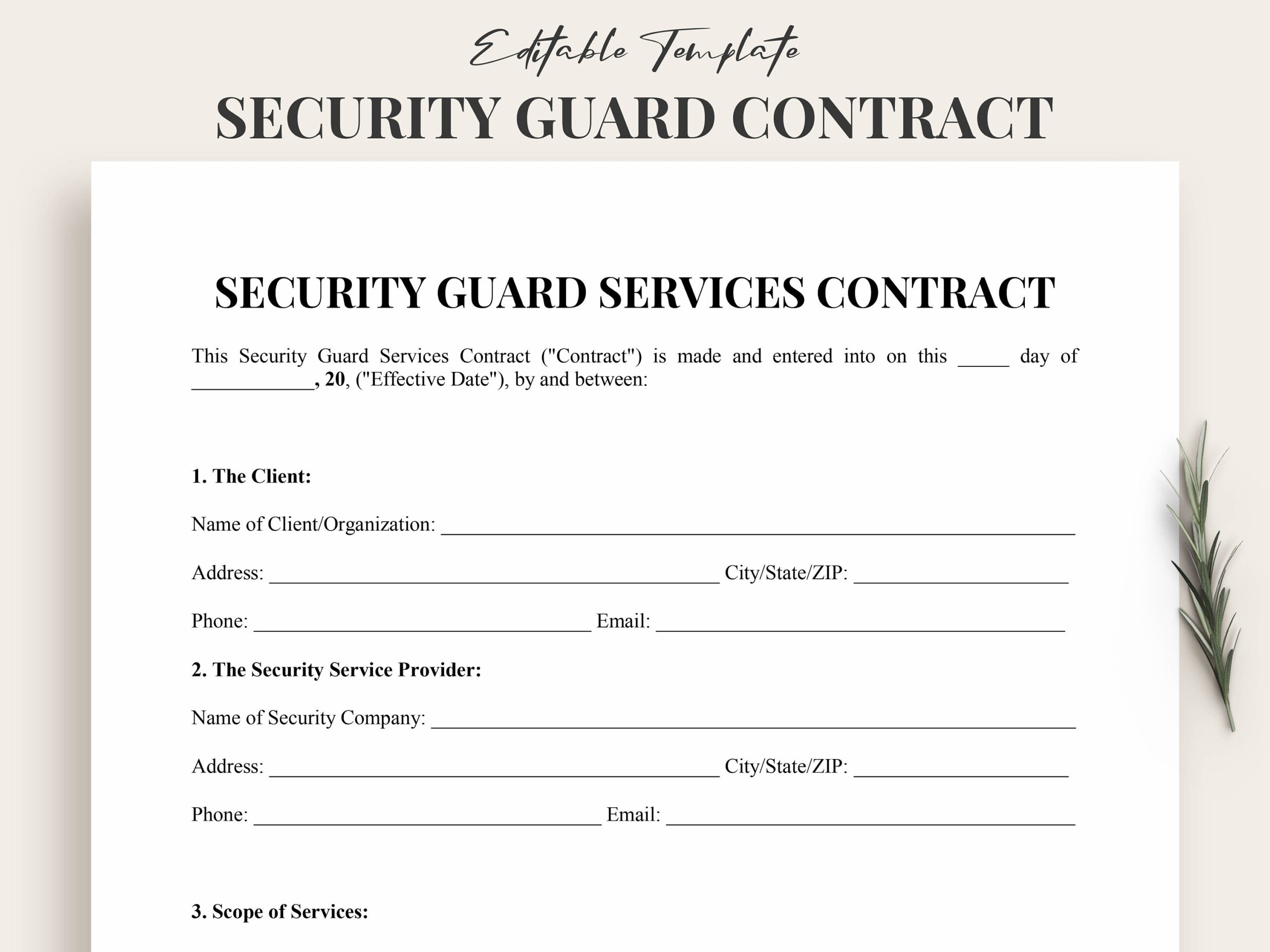 Security Guard Contract Template Customizable Service Agreement PDF Word Etsy