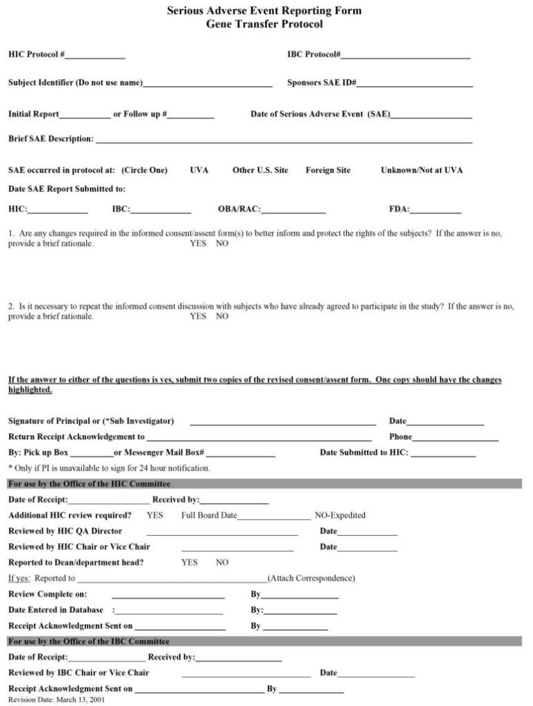 Serious Adverse Event Reporting Form Gene Transfer Protocol Policies And Guidelines