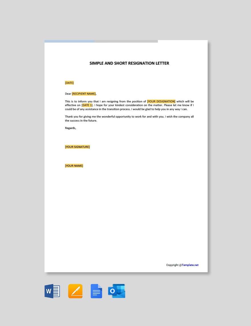 Short Notice Resignation Letter In Pages Outlook PDF Word Google Docs Download Template