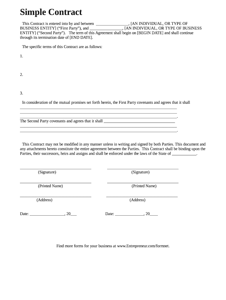 Simple Contract Business Agreement Sample Fill Online Printable Fillable Blank PdfFiller
