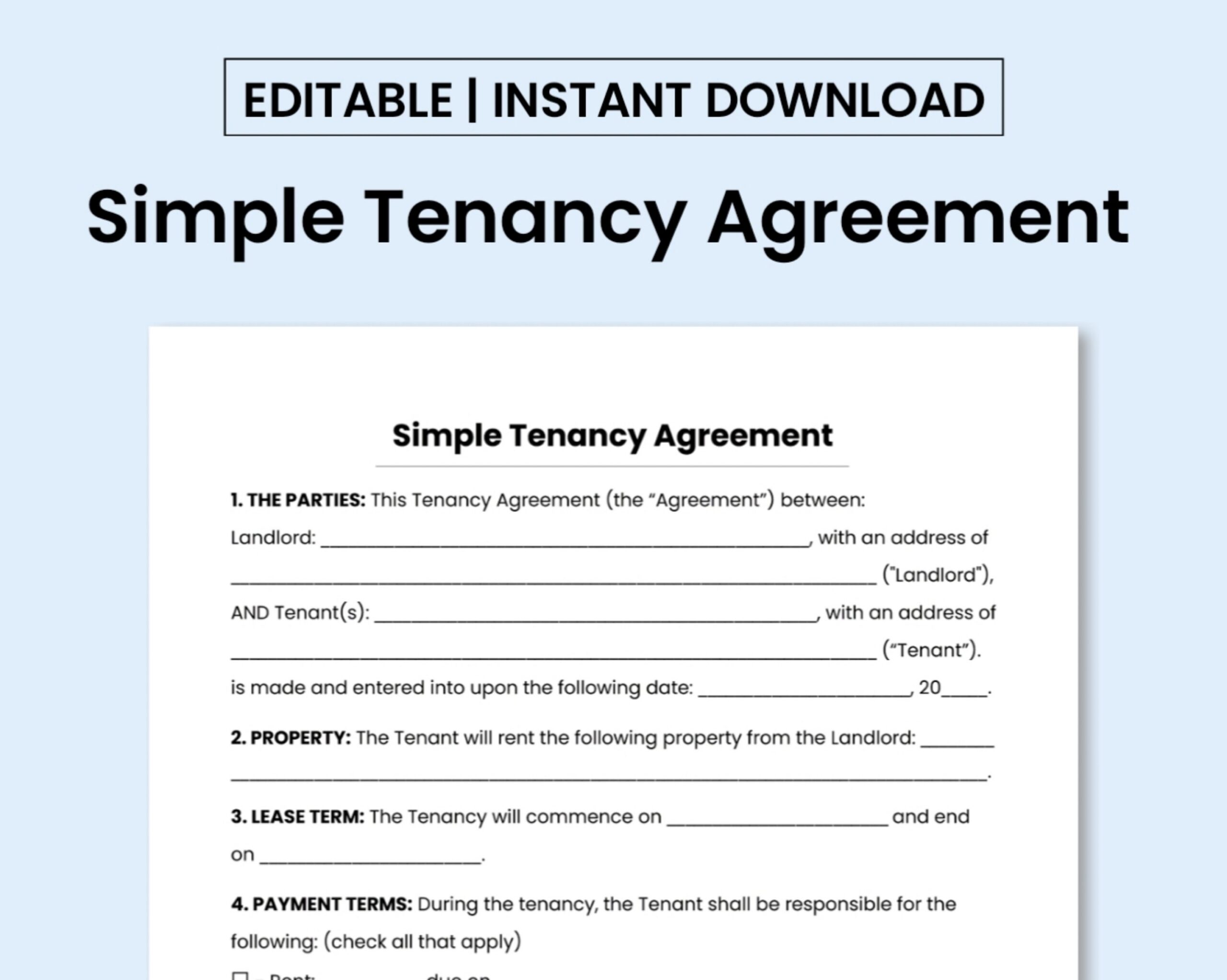 Simple Tenancy Agreement Template PDF MS Word Document Printable Editable Etsy