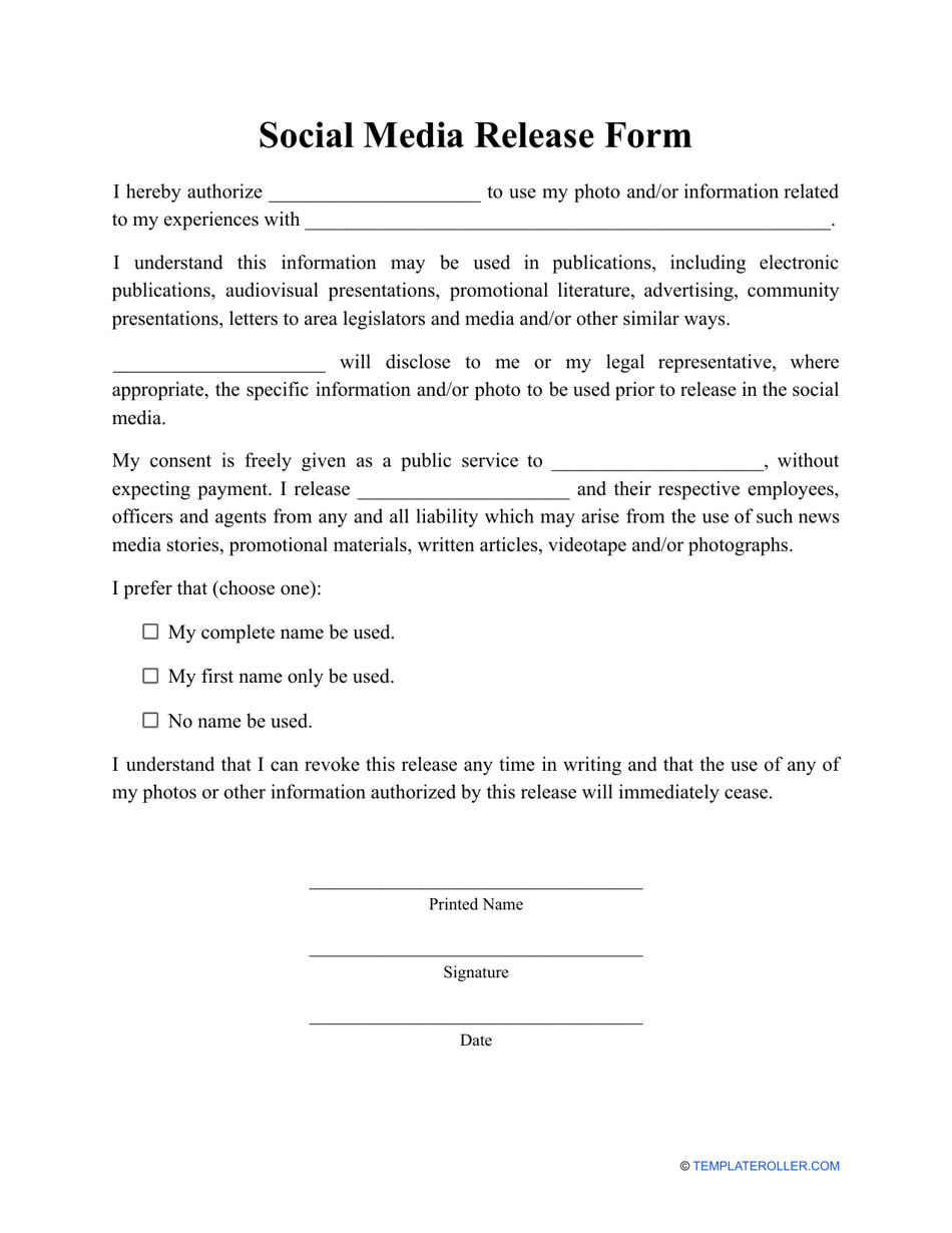 Social Media Release Form Fill Out Sign Online And Download PDF Templateroller