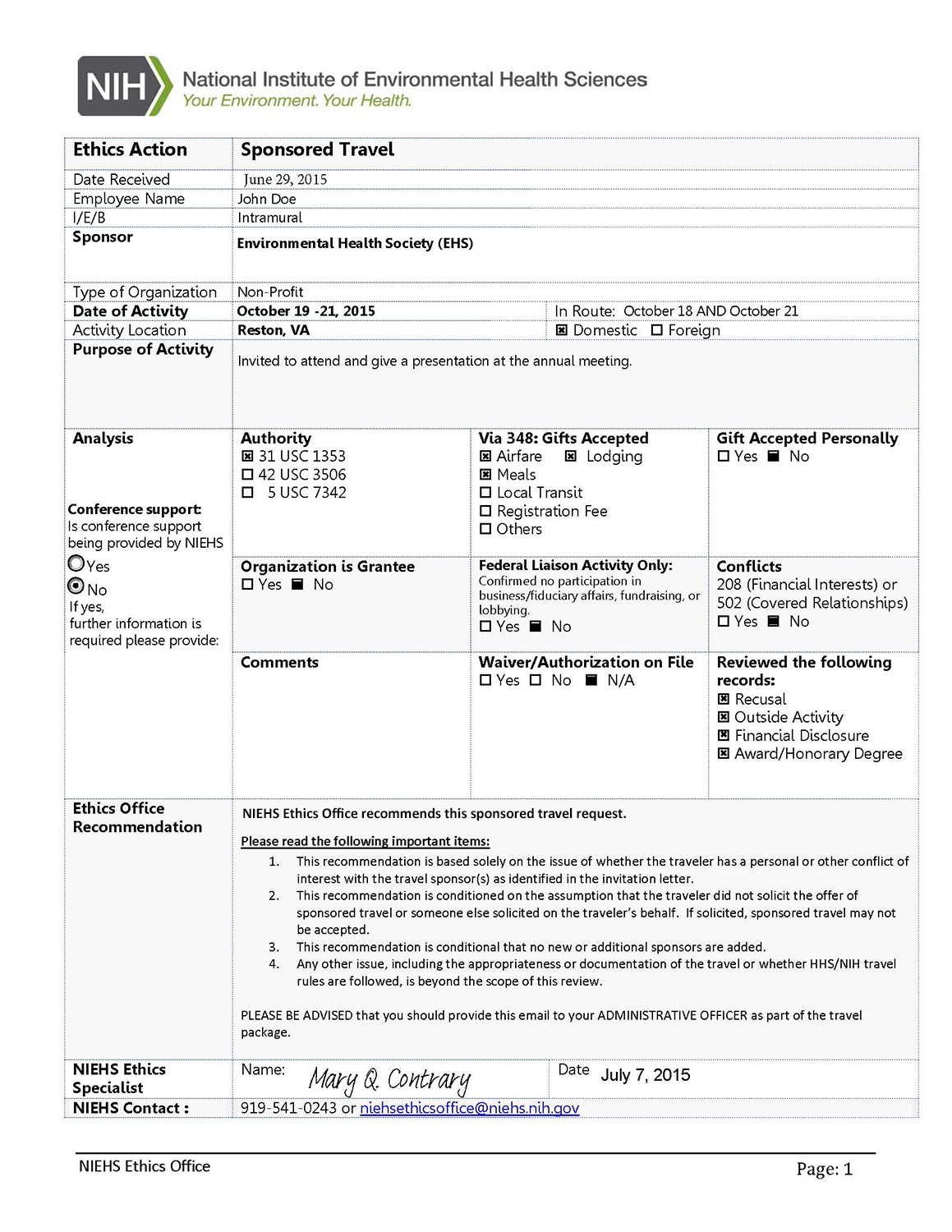 Sponsored Travel National Institute Of Environmental Health Sciences