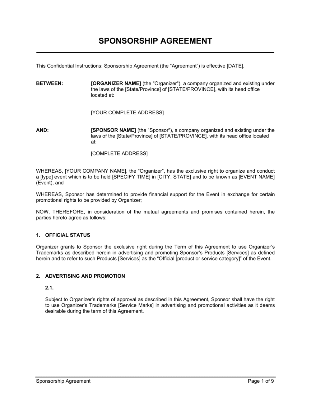 Sponsorship Agreement Template