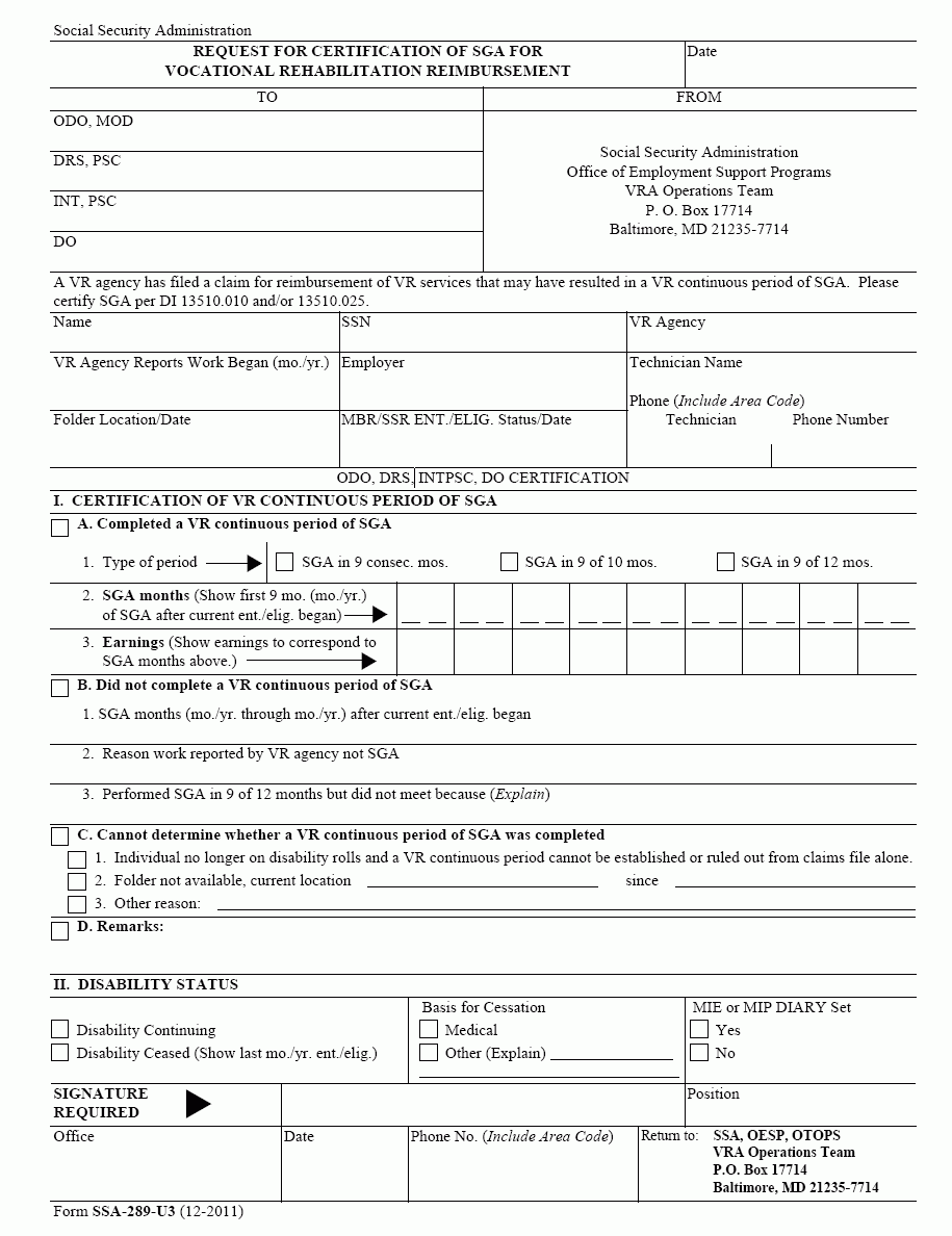 SSA POMS DI 13510 025 Exhibit Form SSA 289 U3 02 08 2012