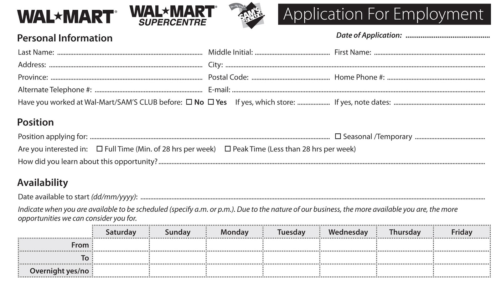 printable walmart application form