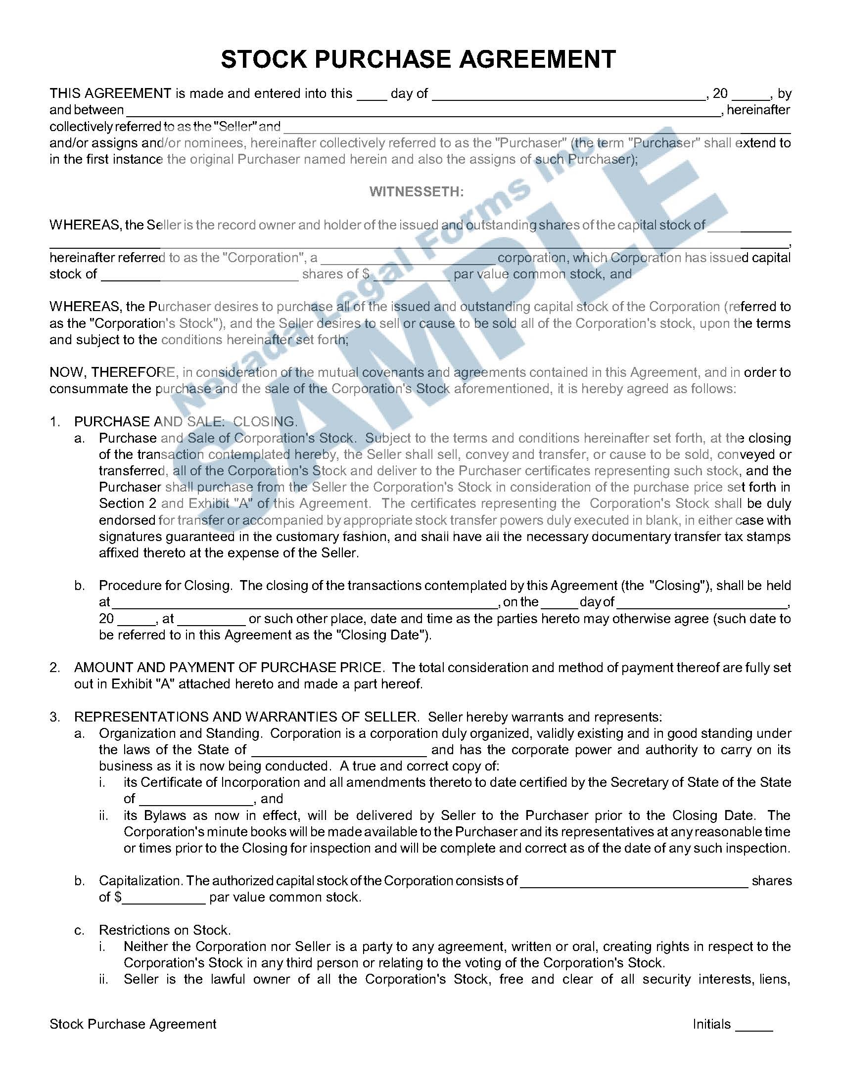 STOCK PURCHASE AGREEMENT Nevada Legal Forms Services