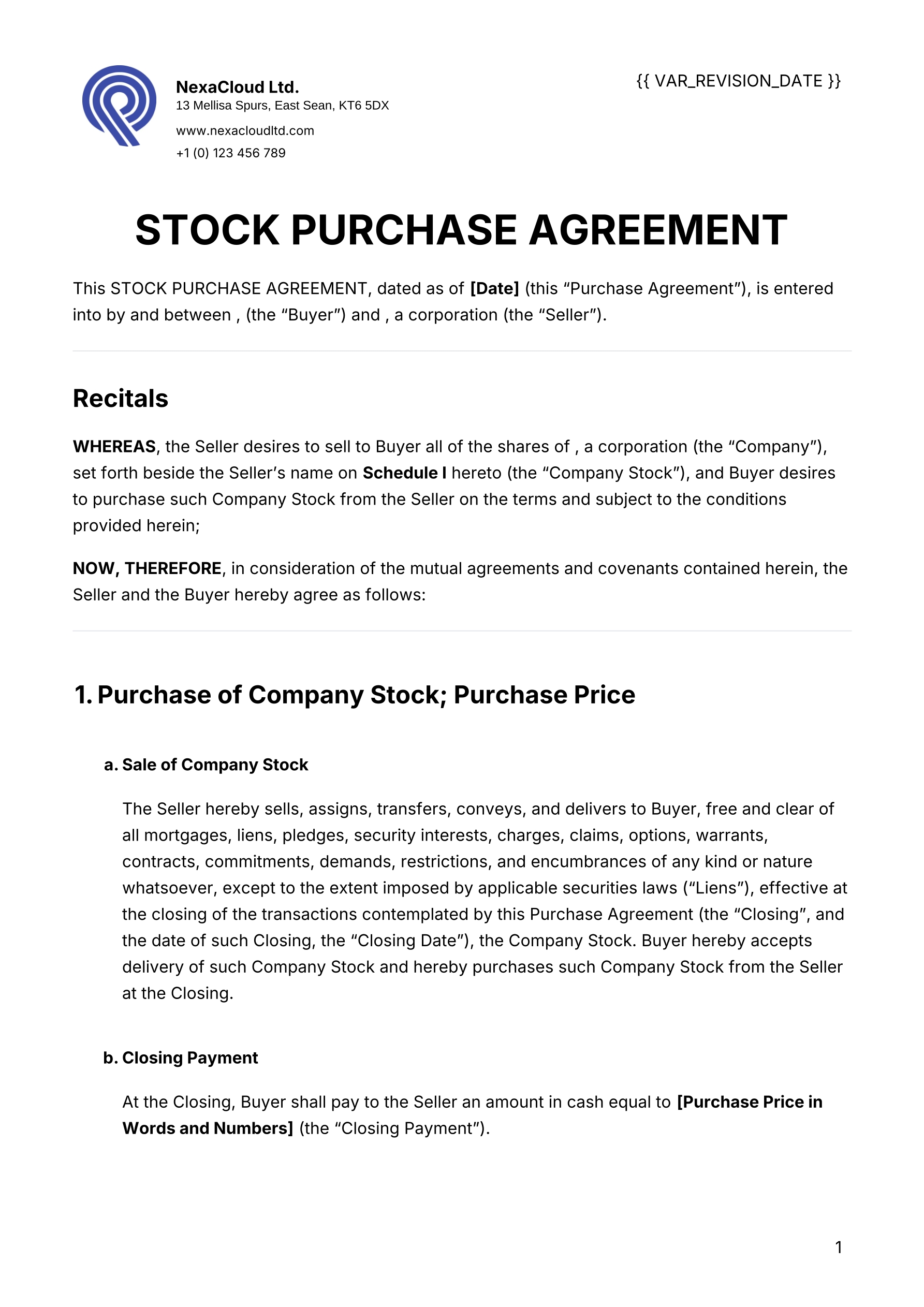 Stock Purchase Agreement Template For Private Companies Fynk