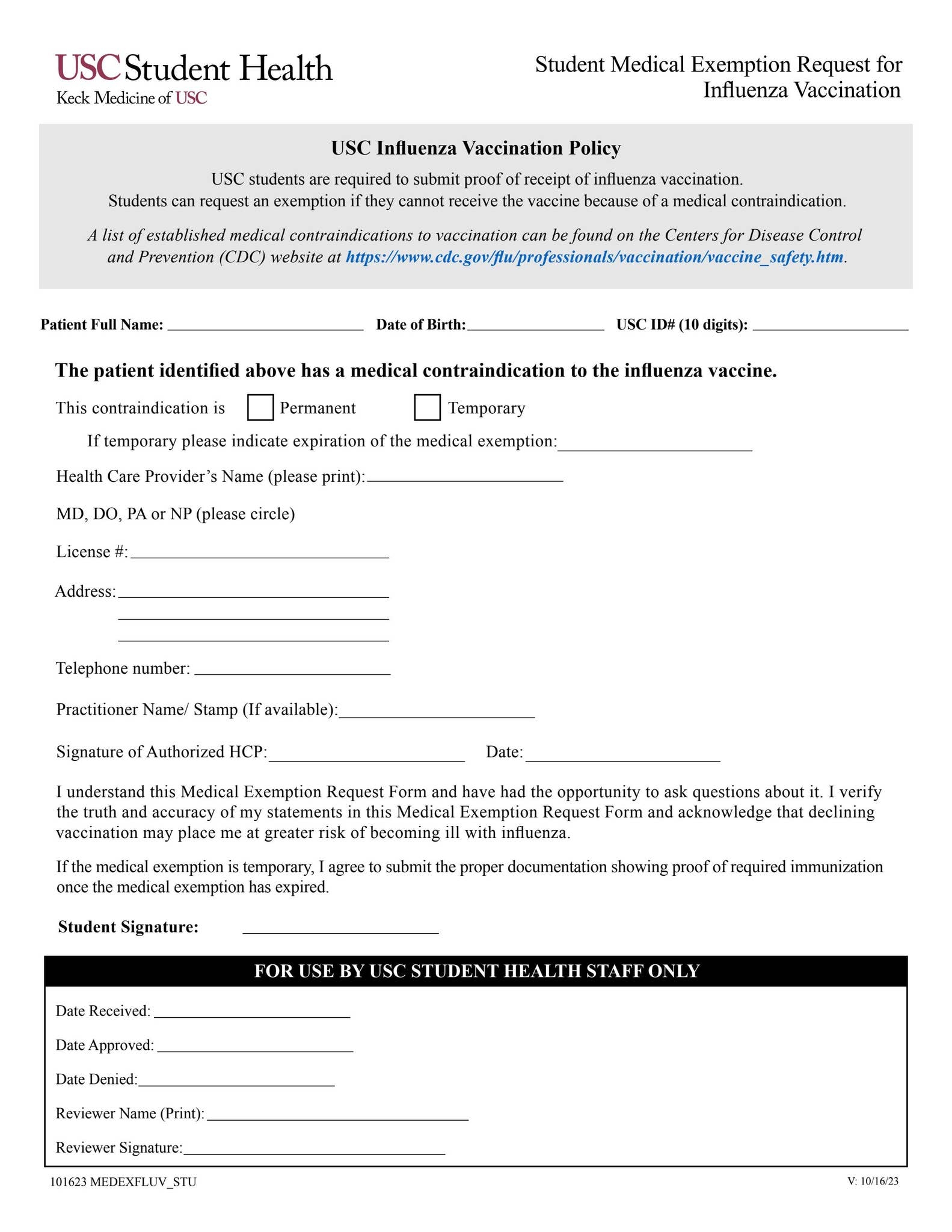 Student Medical Exemption For Influenza Vaccination By USC Campus Health Info And Forms Issuu