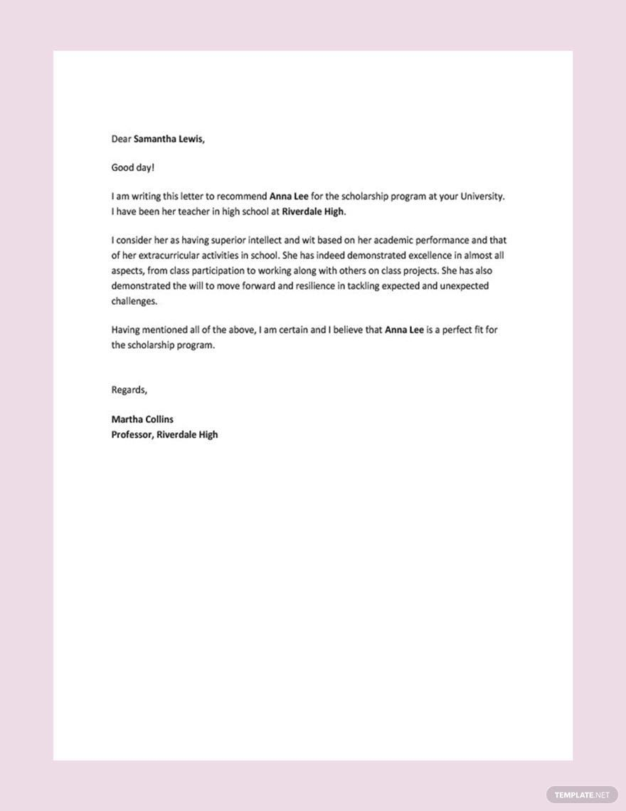 Student Scholarship Recommendation Letter In Google Docs Word PDF Download Template