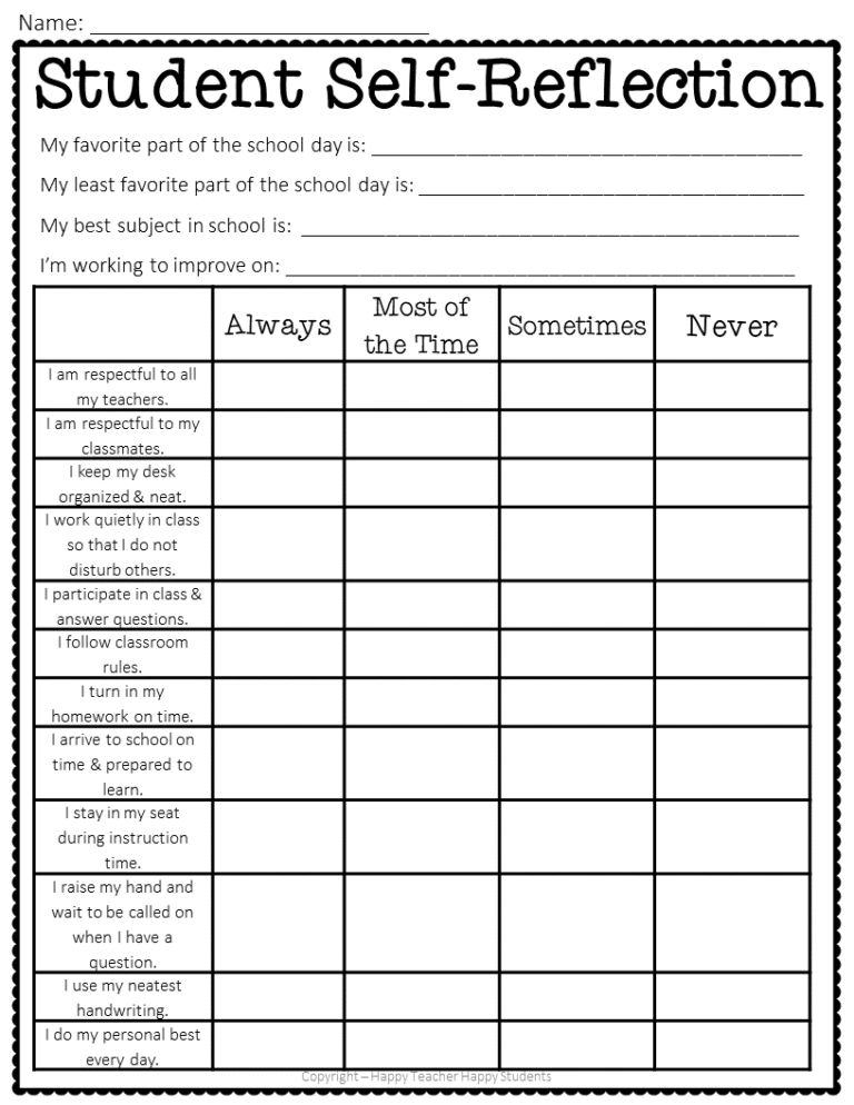 Student Self Reflection Assessment Student Self Evaluation Form For Conferences Made By Teachers