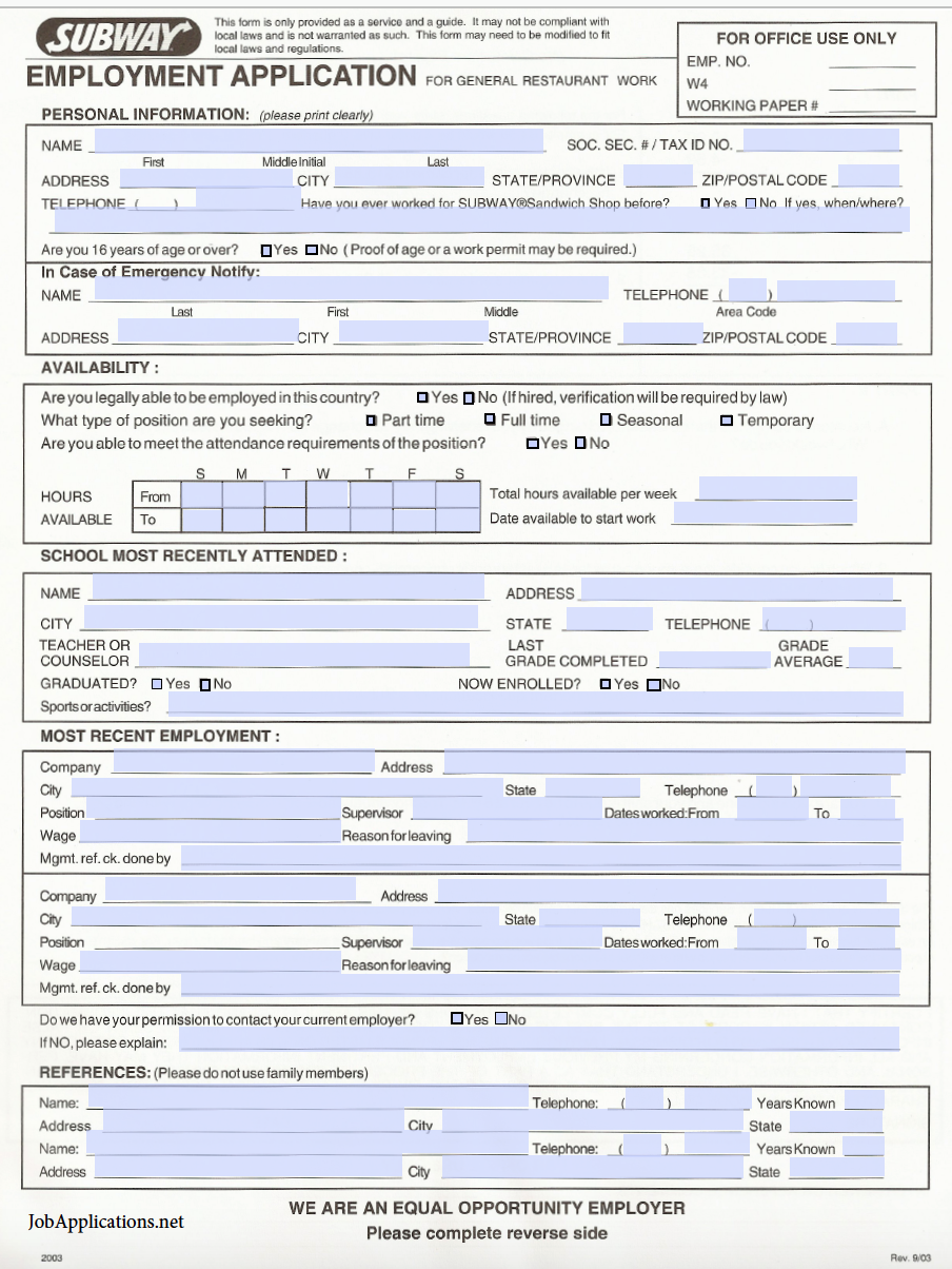 Subway job application adobe pdf JobApplications