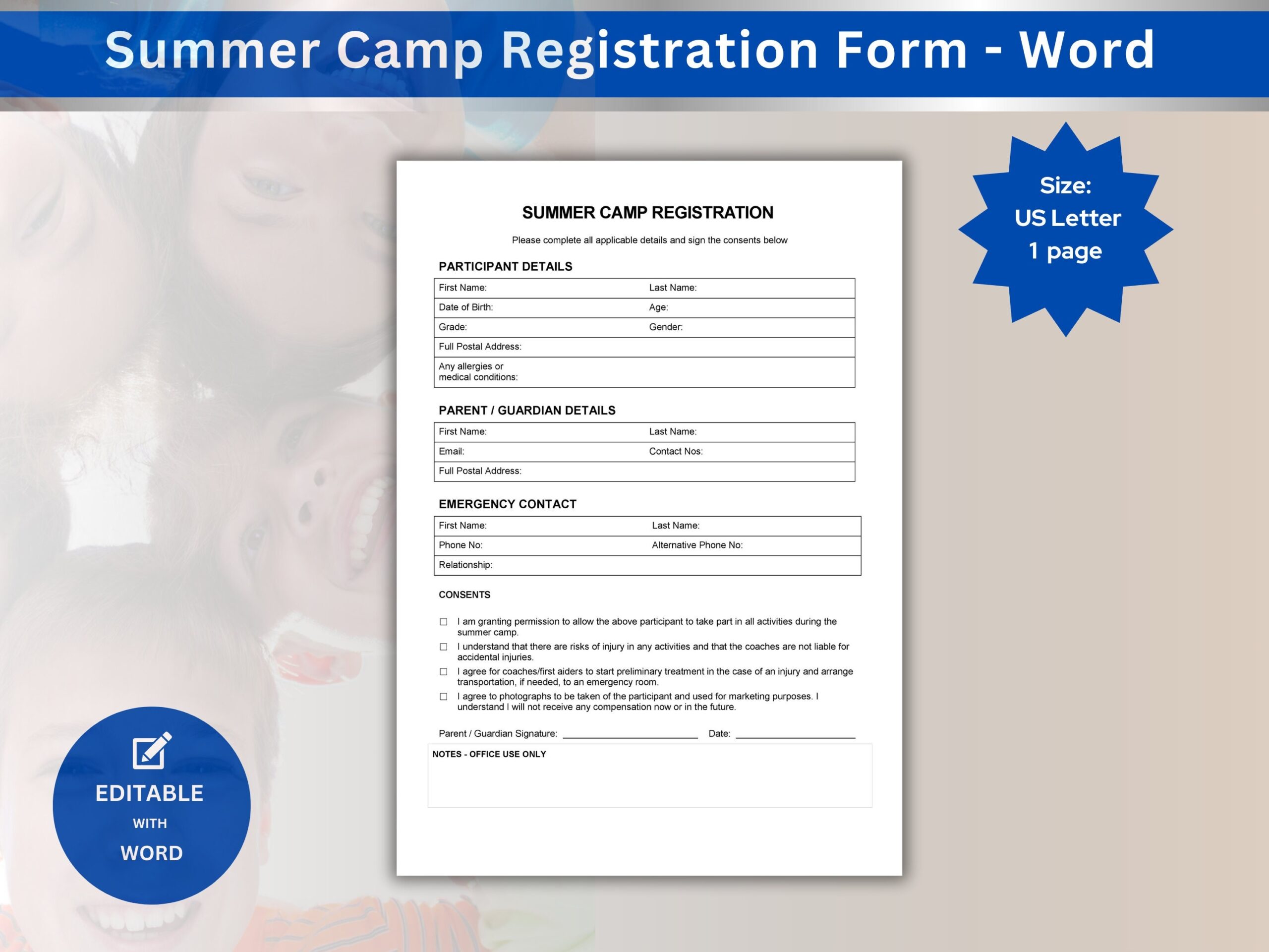 Summer Camp Registration Form For Holiday Camp Youth Sign Up With Waiver Clauses Ideal For Summer Camps Editable In Word And Google Docs PDF Etsy Summer Camp Registration Form For Holiday Camp Youth Sign Up With Waiver Clauses Ideal For Summer Camps Editable In Word And Google Docs PDF Etsy