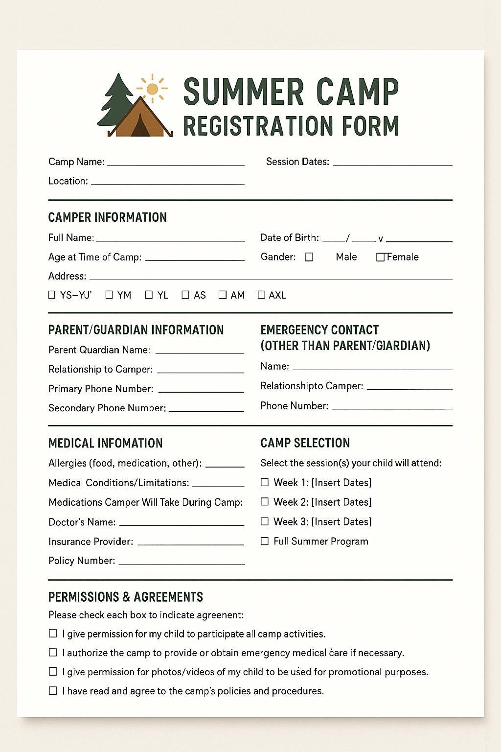 Summer Camp Registration Form Printable Kids Summer Camp Form Sign Up Sheet Camper Info Sheet Instant Download Etsy