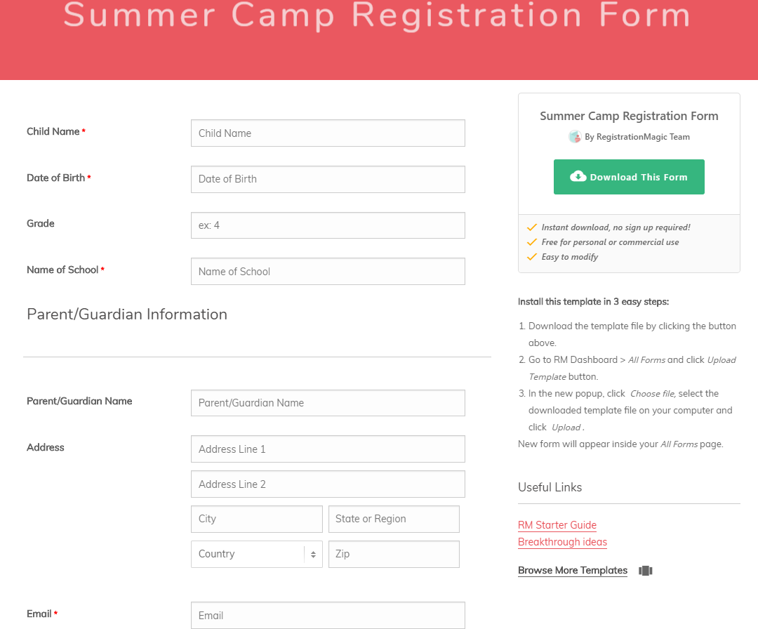 summer camp registration form