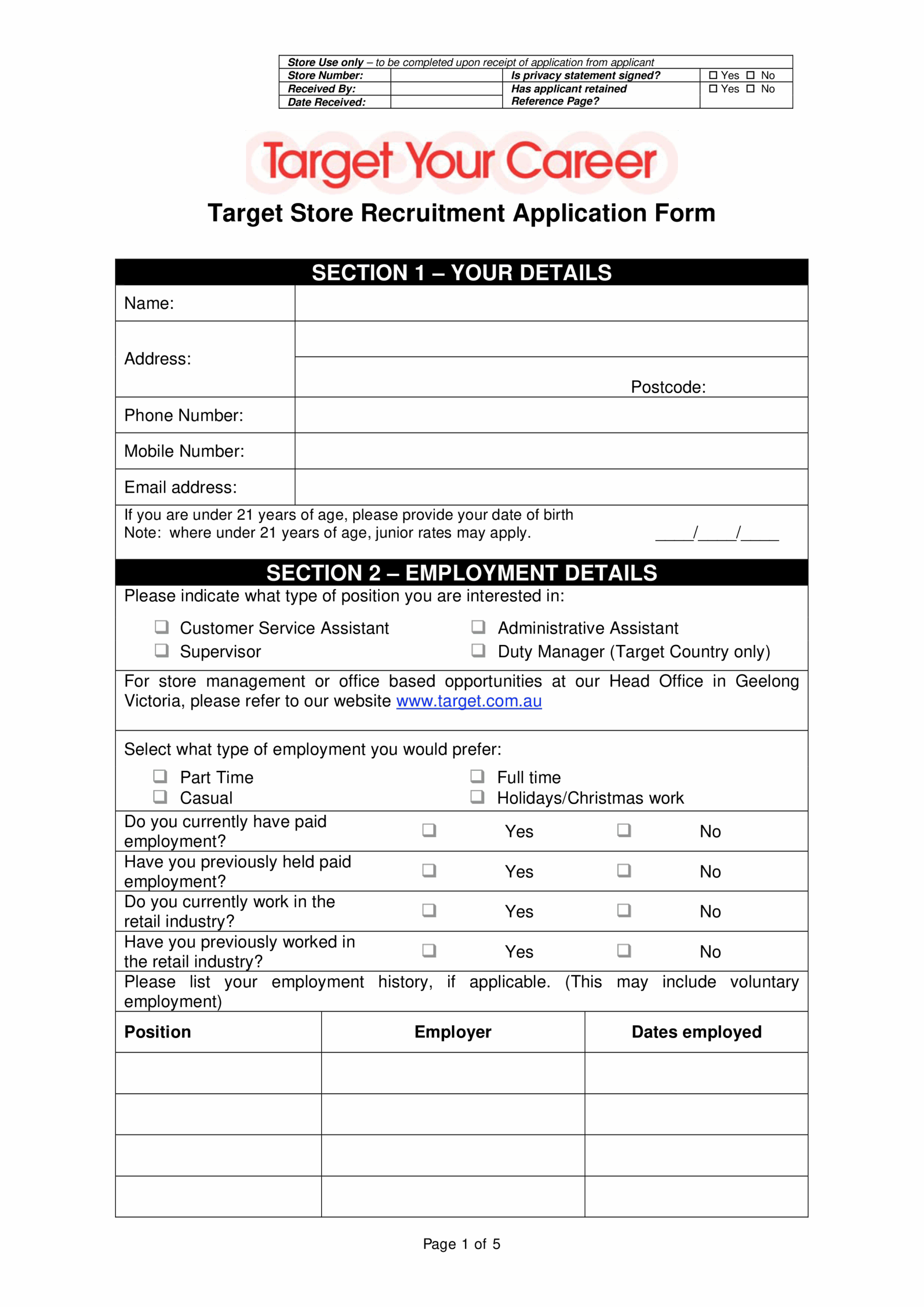 Target Store Job Application Form Templates At Allbusinesstemplates
