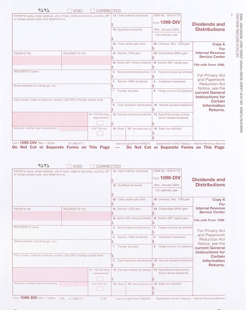 Tax Forms 1099 1099 DIV Income Tax Forms 2024 Set And 1096 Kit For 10 Vendors 4 Part Complete Laser Forms 1099 Interest 2024