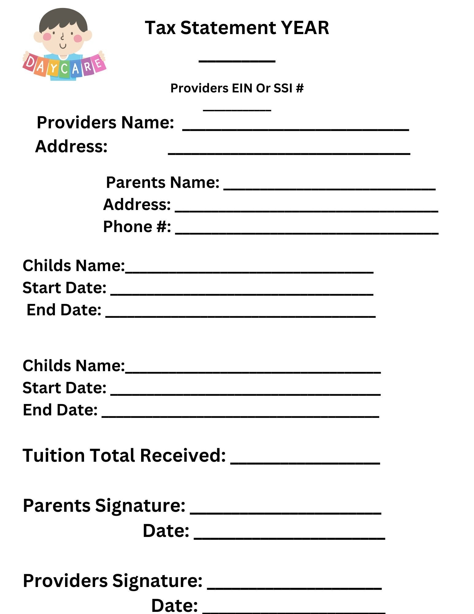 Tax Statement Customize Child Care Business Daycare Parents Tuition Receipt End Of Year Taxes Digital Form Etsy