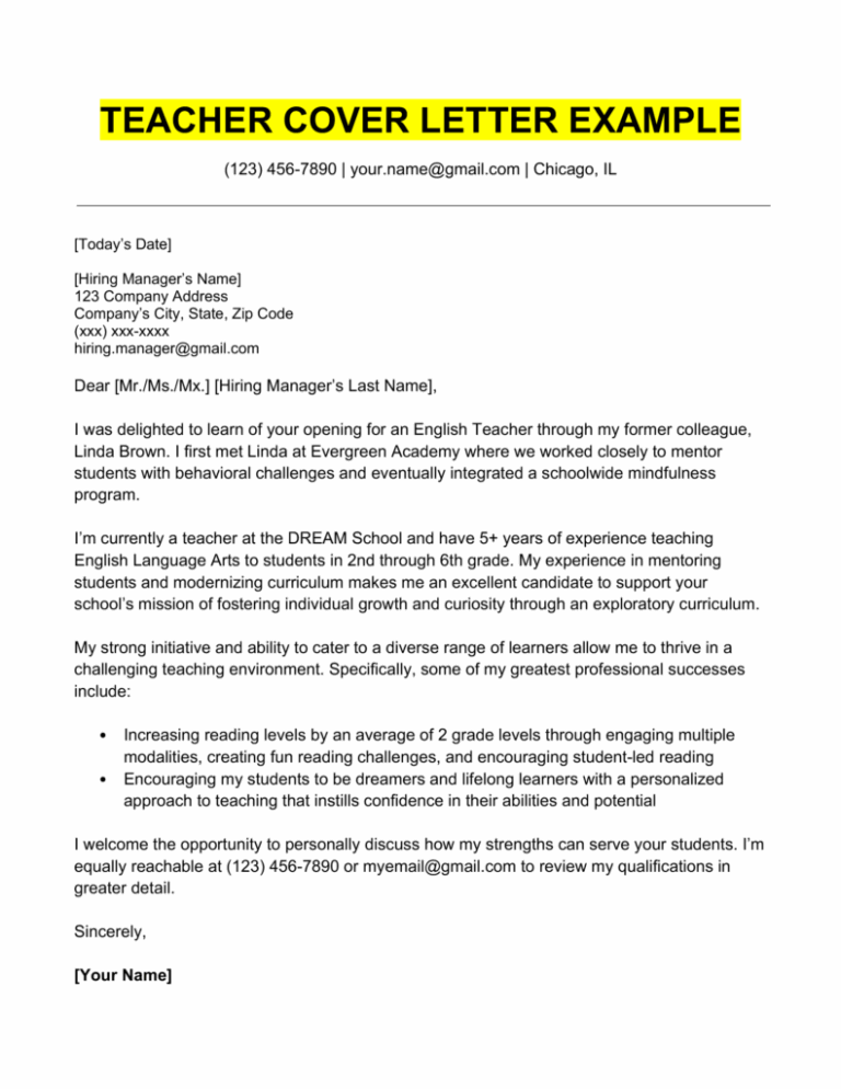 Teacher Cover Letter Examples Writing Tips Resume Genius