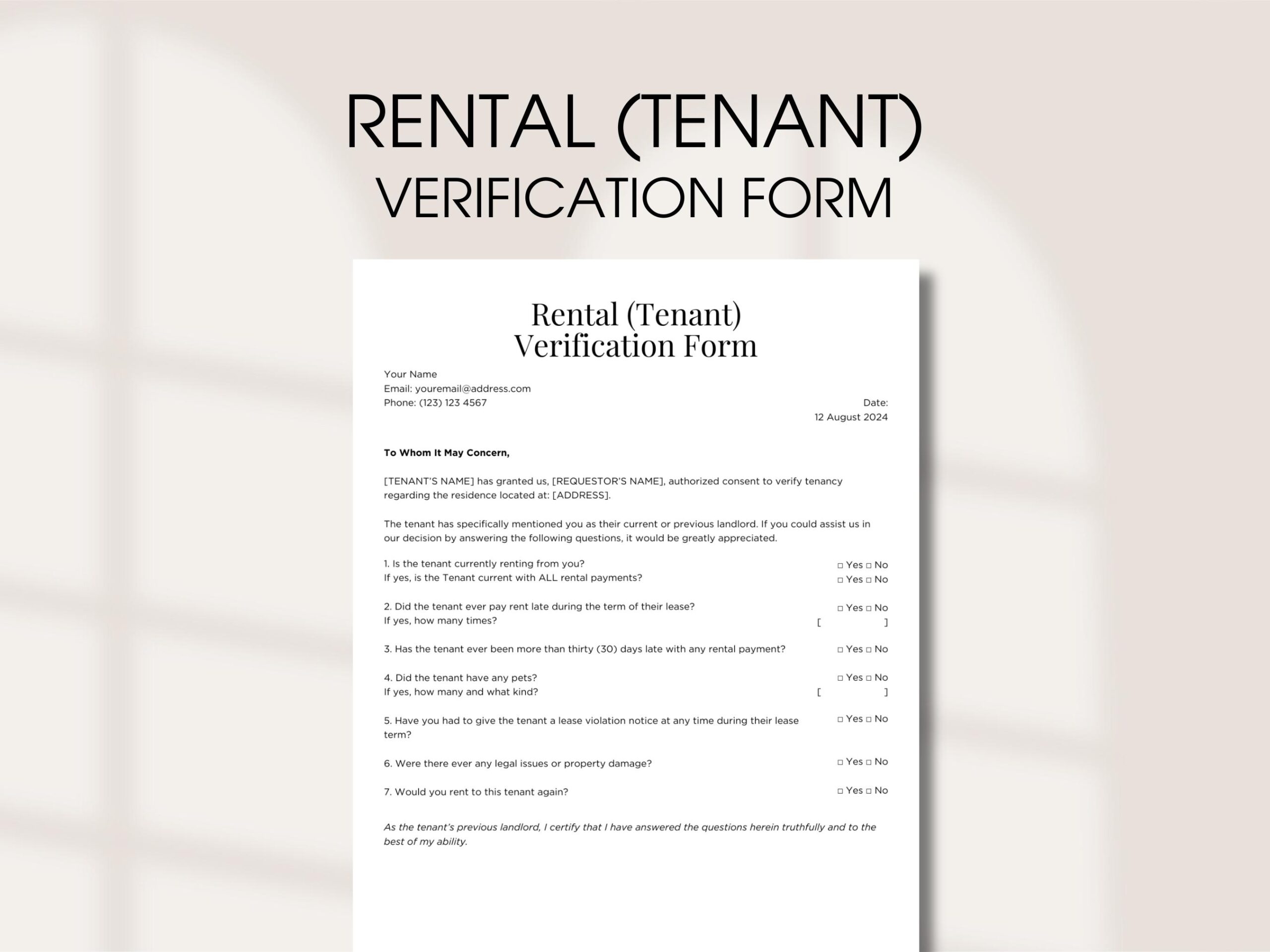 Tenant Verification Form Template Tenancy Behavior Form Editable History Of Rental Tenant Client Informations Rent Verification Form Etsy