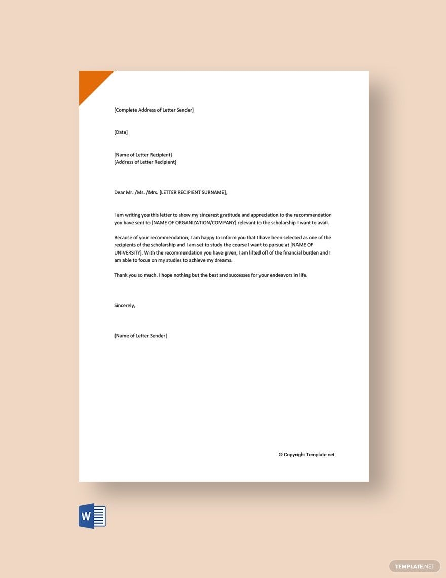 Thank You Letter For Recommendation Letter For Scholarship In Word Google Docs PDF Download Template